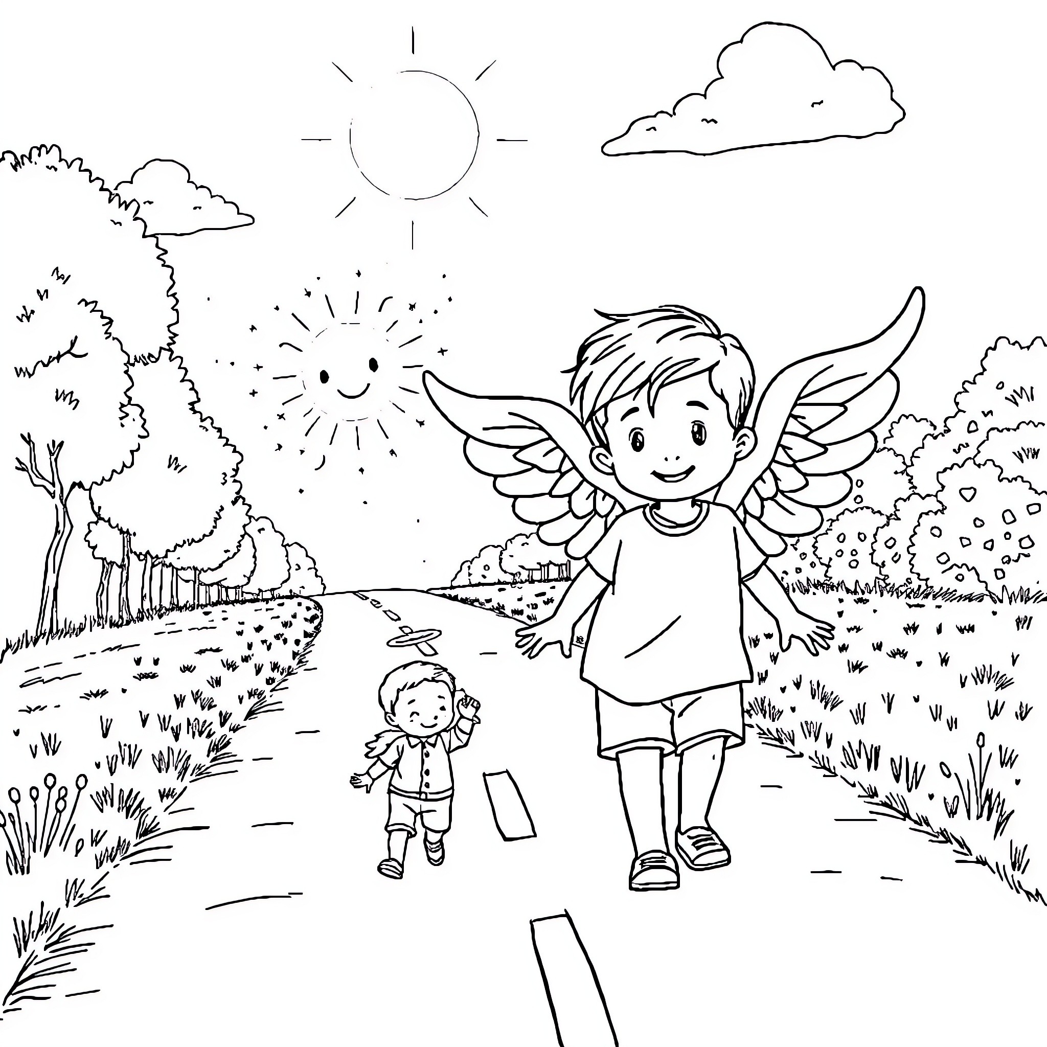 Boy and angel explore enchanting outdoor scene Coloring Page (free black-and-white line drawing printable PDF for all, from beginners to advanced learners, including children, teens, adults, and seniors)