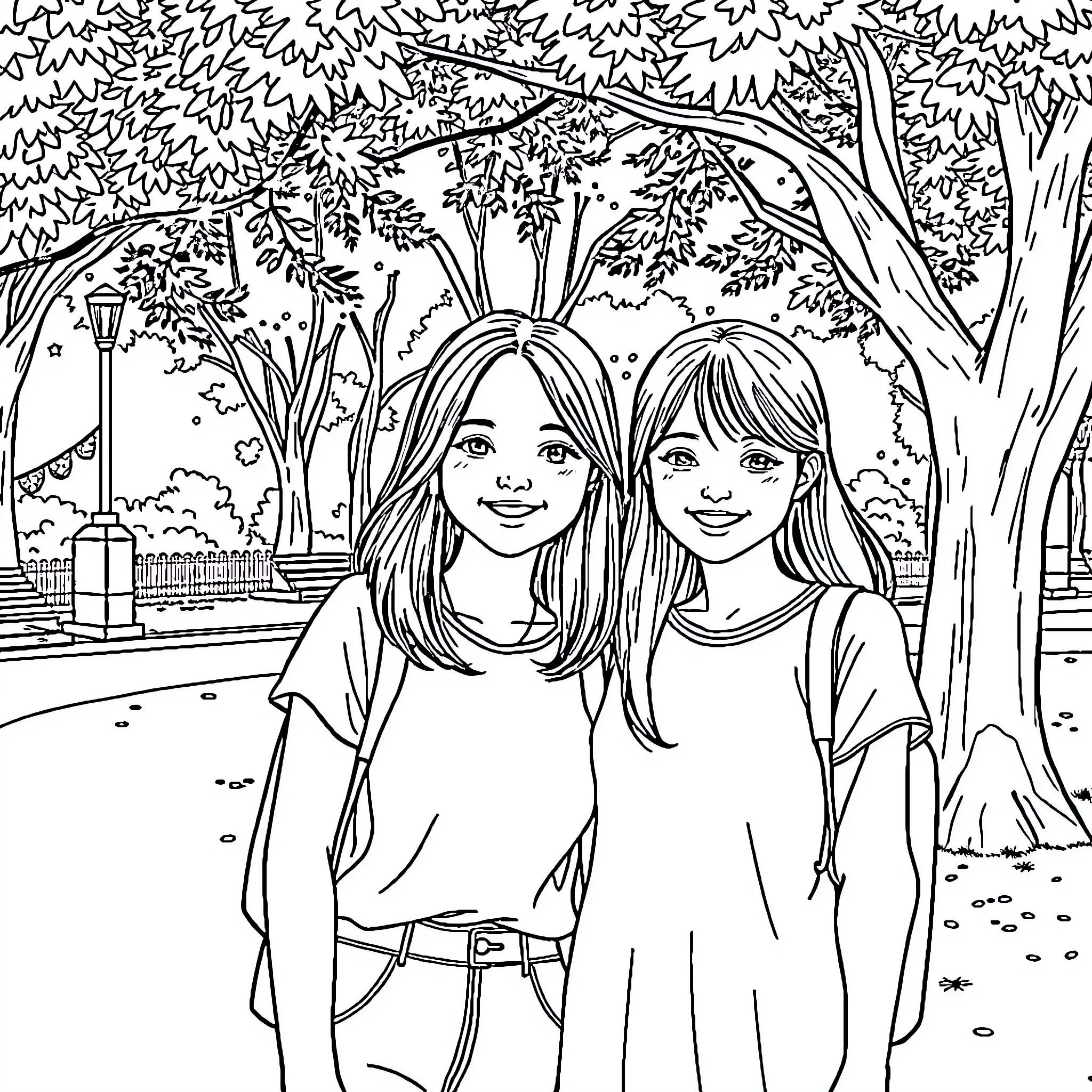Girls enjoying the outdoors in a park setting Coloring Page (free black-and-white line drawing printable PDF for all, from beginners to advanced learners, including children, teens, adults, and seniors)
