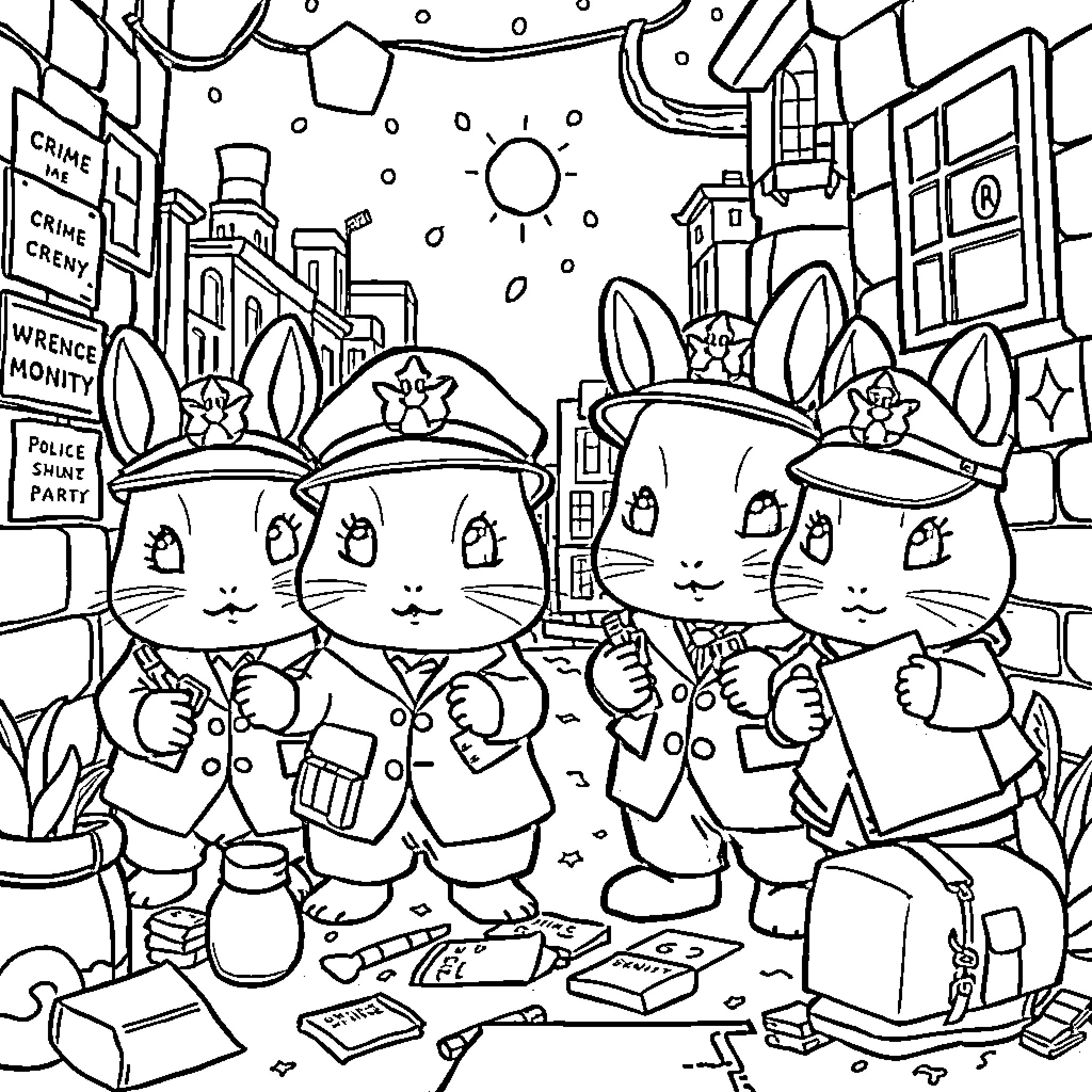 Sylvanian Family Police Cats in Action Coloring Page (free black-and-white line drawing printable PDF for all, from beginners to advanced learners, including children, teens, adults, and seniors)