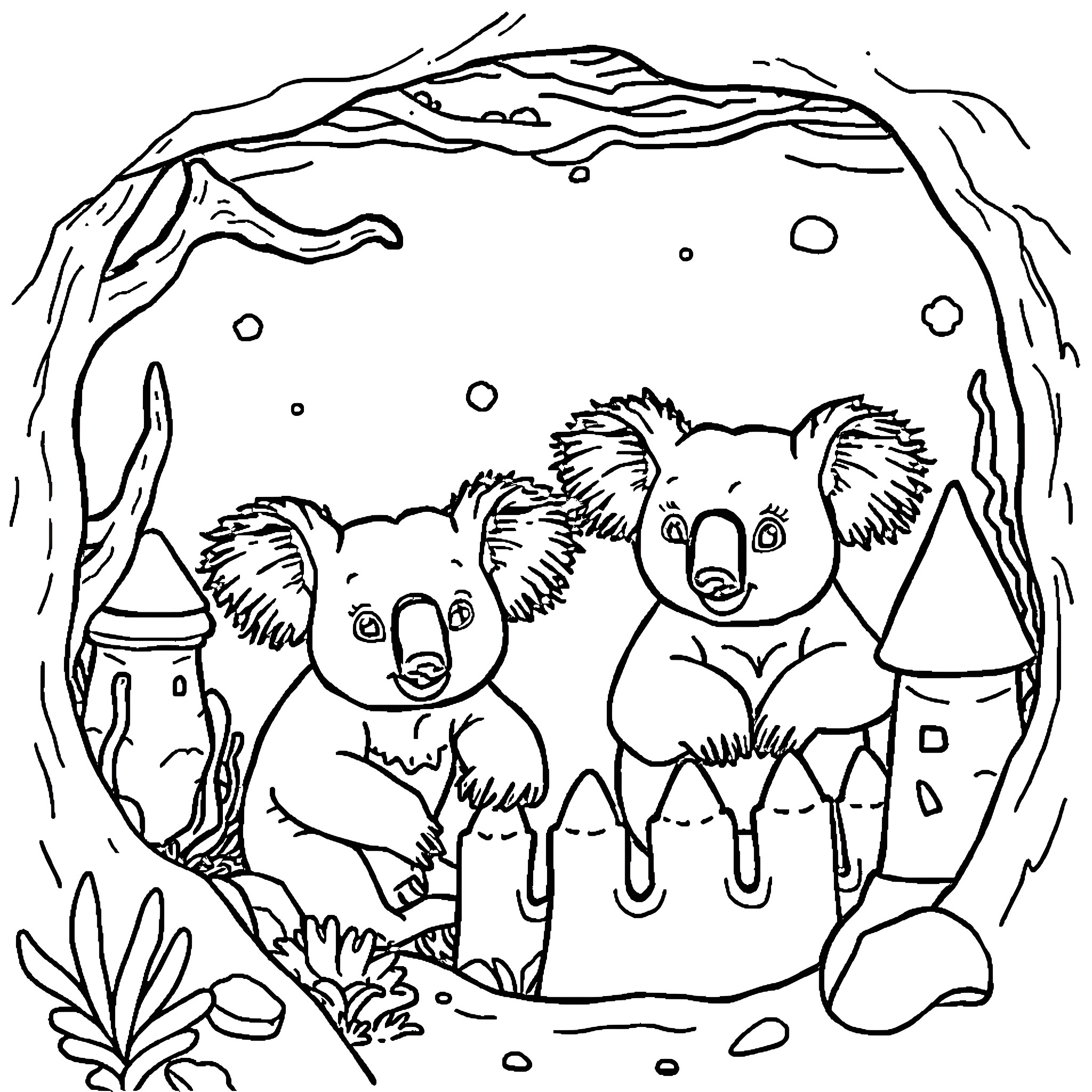 Koala family in their forest home Coloring Page (free black-and-white line drawing printable PDF for all, from beginners to advanced learners, including children, teens, adults, and seniors)