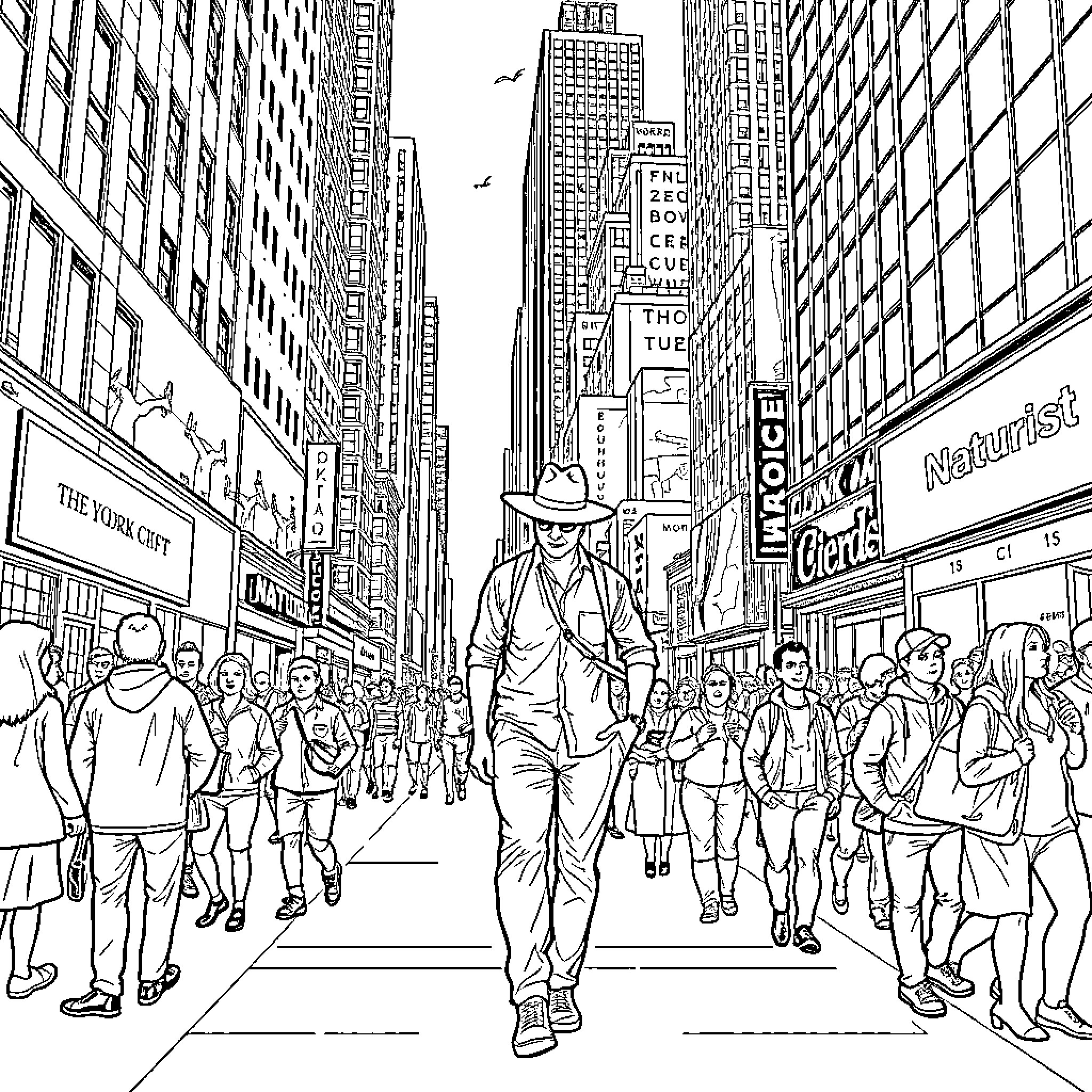 Naturist Enjoying the Bustling City Crowd Coloring Page (free black-and-white line drawing printable PDF for all, from beginners to advanced learners, including children, teens, adults, and seniors)