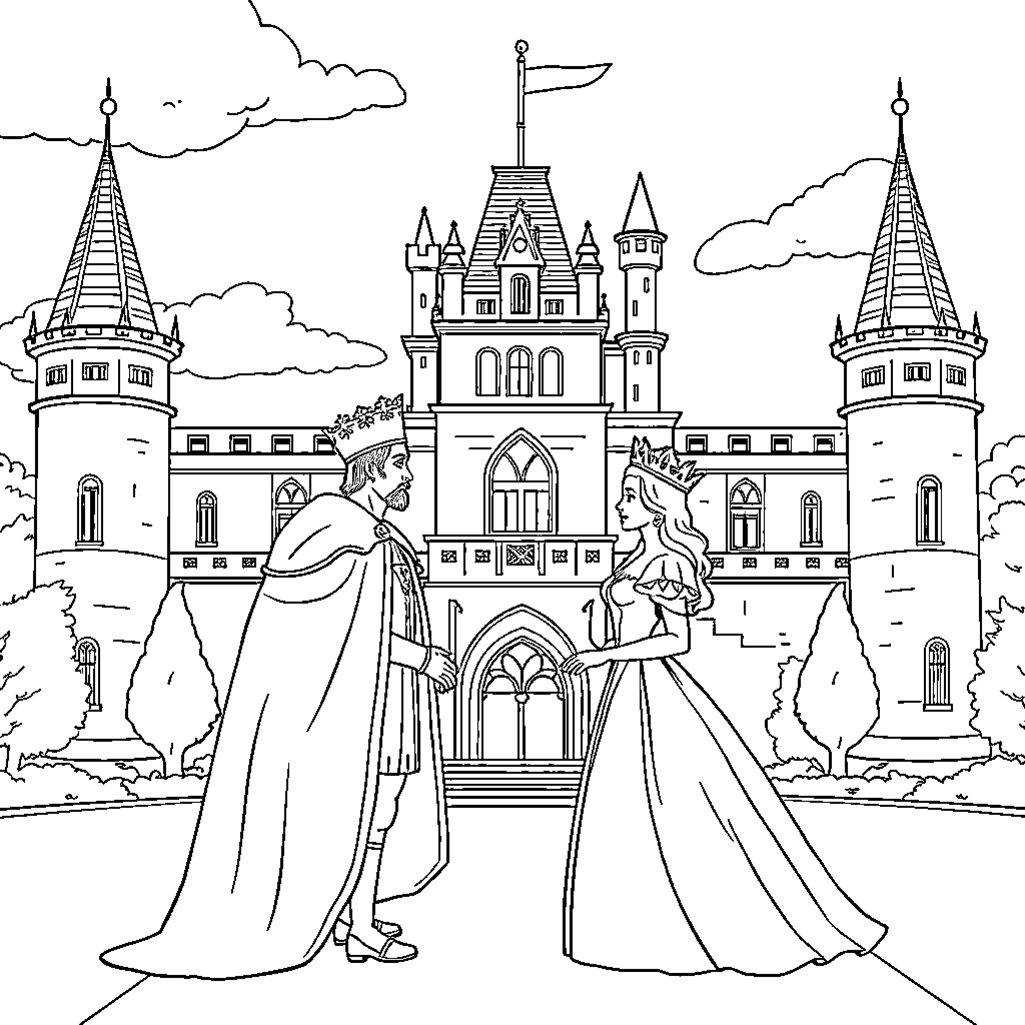 King and Queen at the Castle Coloring Page (free black-and-white line drawing printable PDF for all, from beginners to advanced learners, including children, teens, adults, and seniors)
