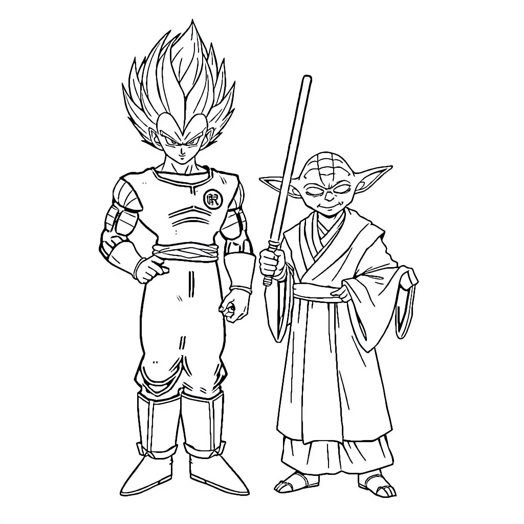 Vegeta and Master Yoda in combat poses Coloring Page (free black-and-white line drawing printable PDF for all, from beginners to advanced learners, including children, teens, adults, and seniors)