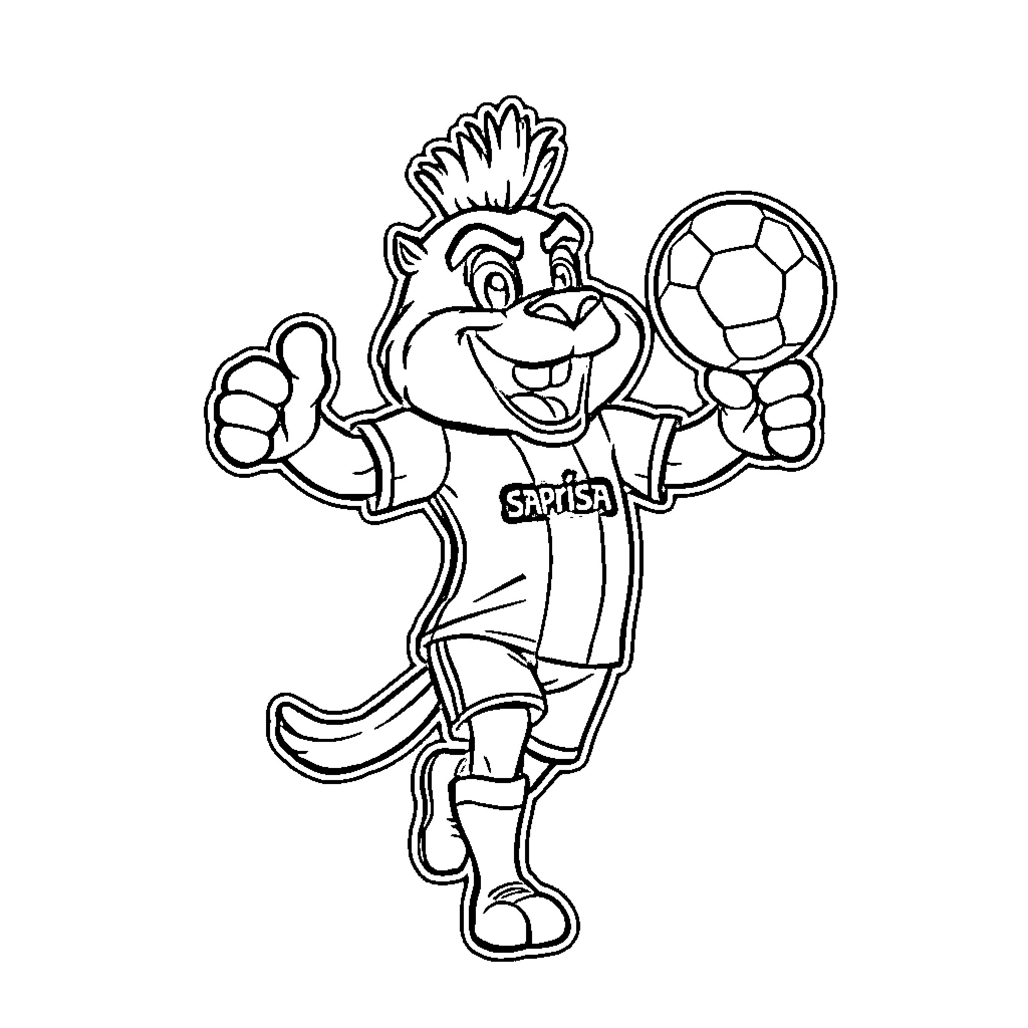 Mascota playing soccer with enthusiasm Coloring Page (free black-and-white line drawing printable PDF for all, from beginners to advanced learners, including children, teens, adults, and seniors)