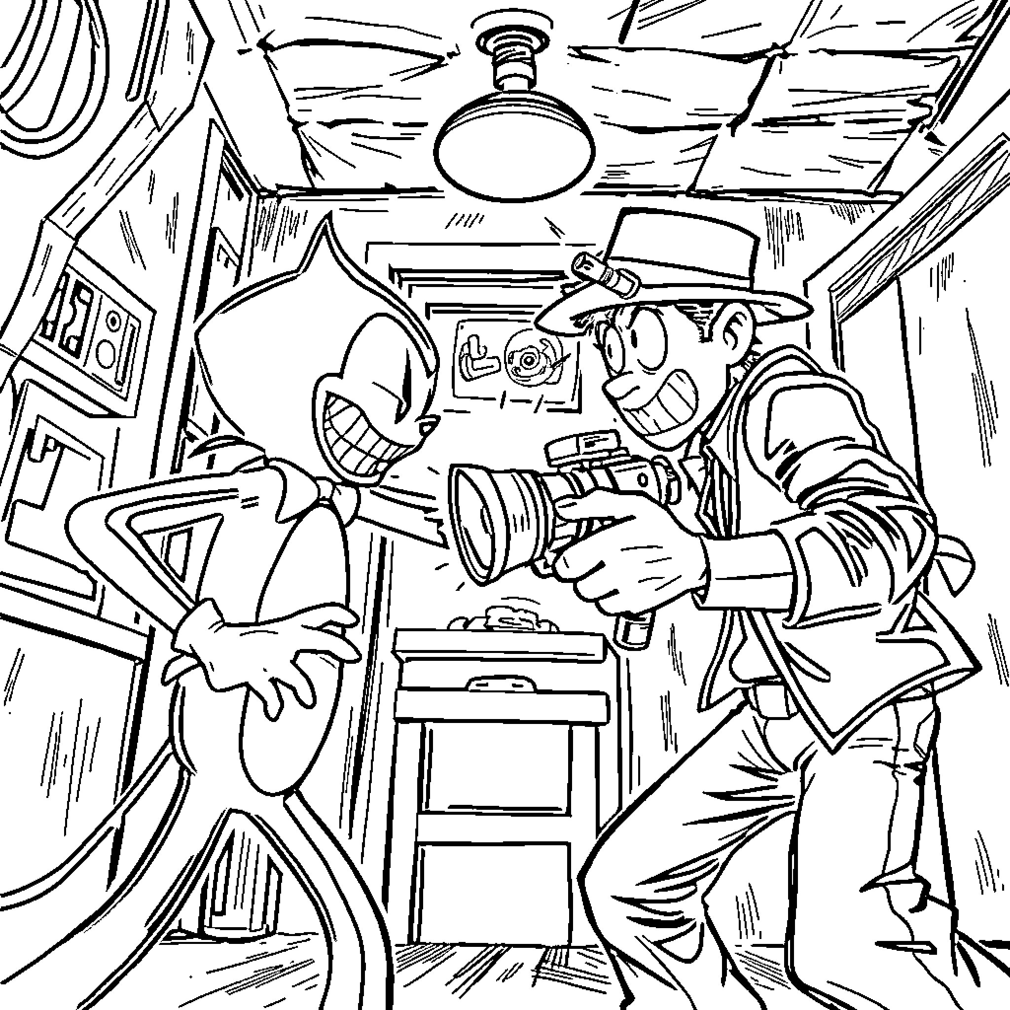 Bendy Figures Captured in Animated Workspace Coloring Page (free black-and-white line drawing printable PDF for all, from beginners to advanced learners, including children, teens, adults, and seniors)