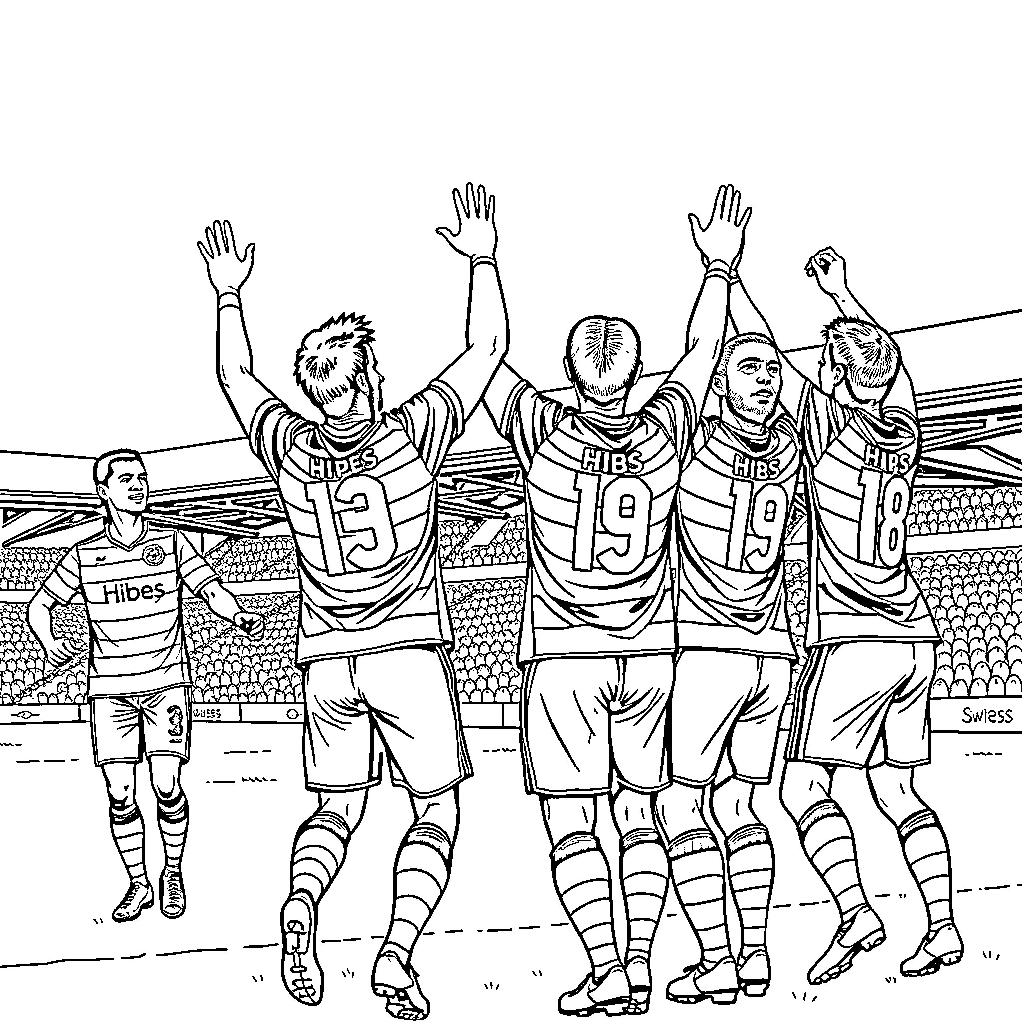 Hibs players celebrating a sports victory Coloring Page (free black-and-white line drawing printable PDF for all, from beginners to advanced learners, including children, teens, adults, and seniors)