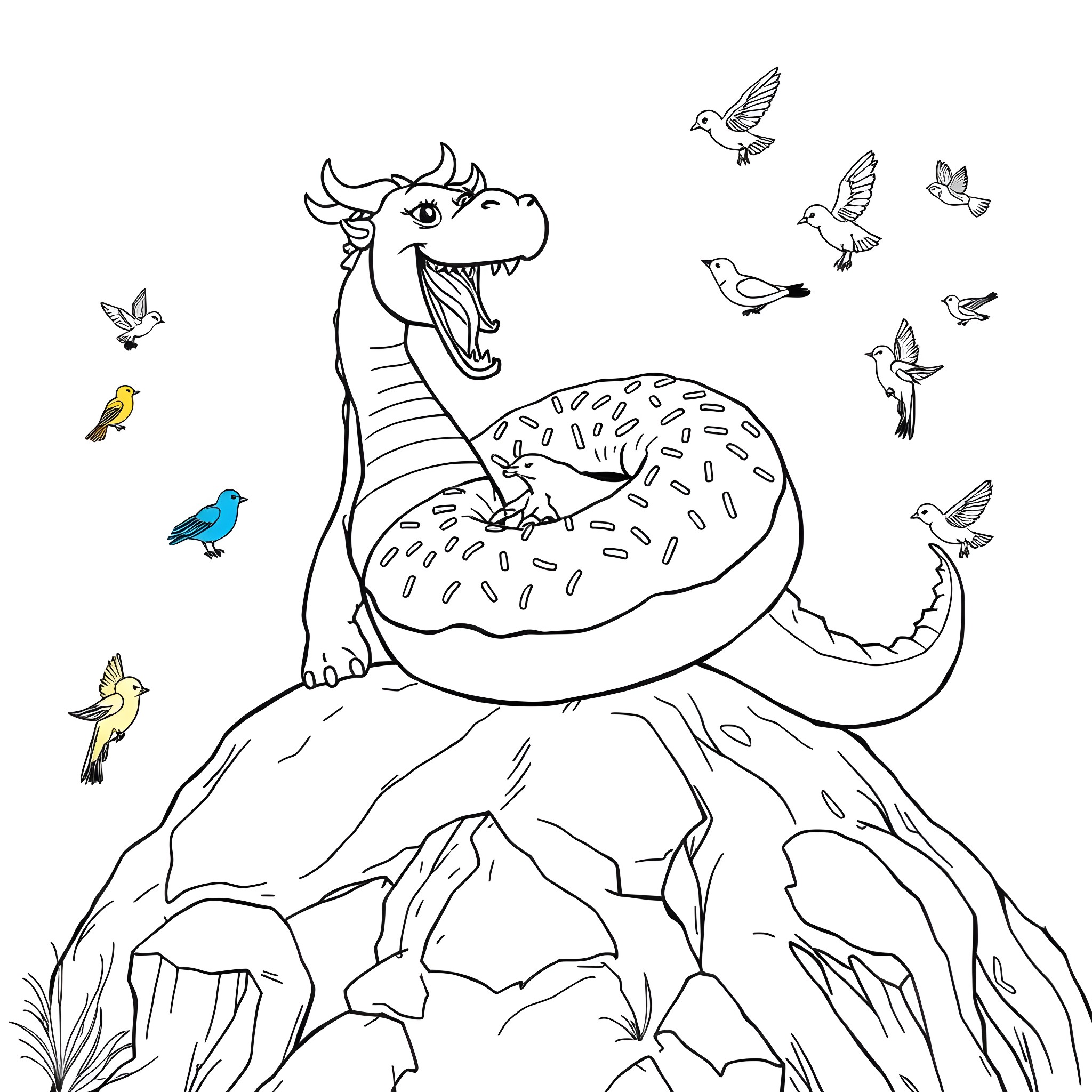 Dragon unleashing fiery roar amid flying birds Coloring Page (free black-and-white line drawing printable PDF for all, from beginners to advanced learners, including children, teens, adults, and seniors)