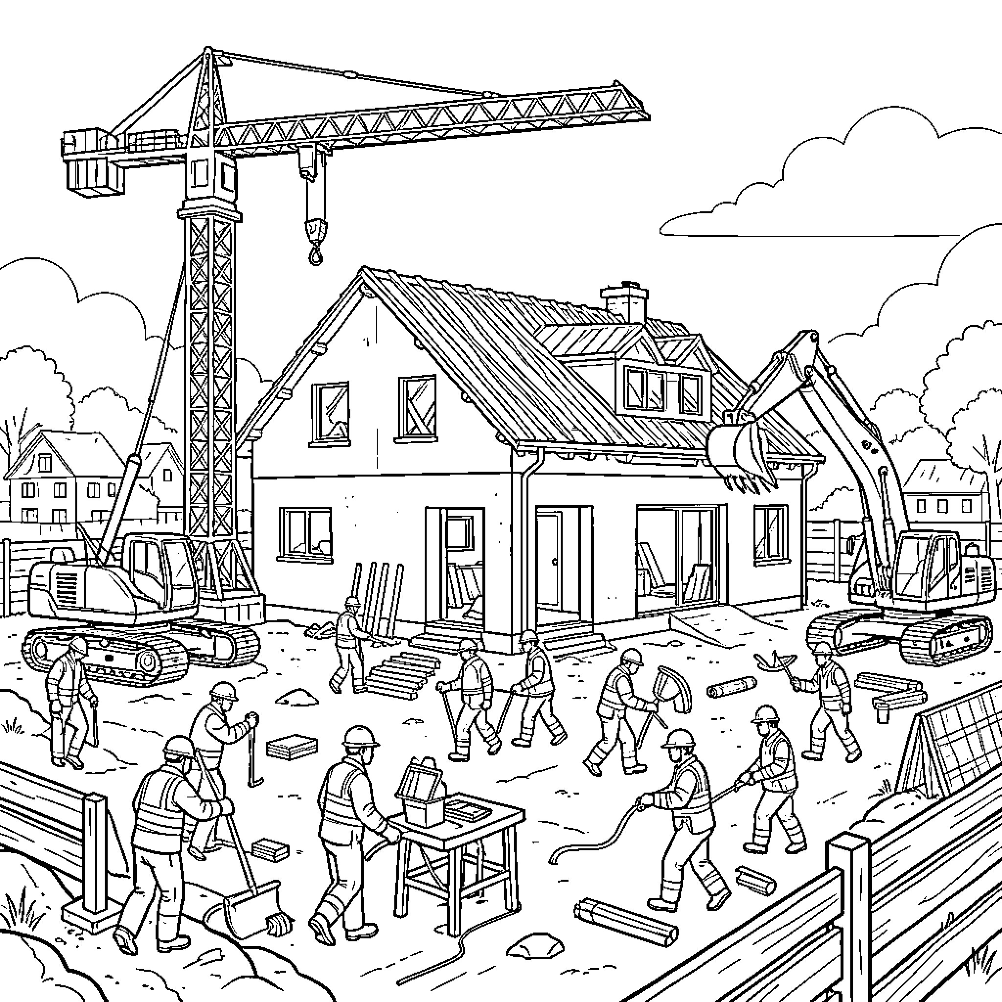 Construction site with workers and heavy machinery Coloring Page (free black-and-white line drawing printable PDF for all, from beginners to advanced learners, including children, teens, adults, and seniors)
