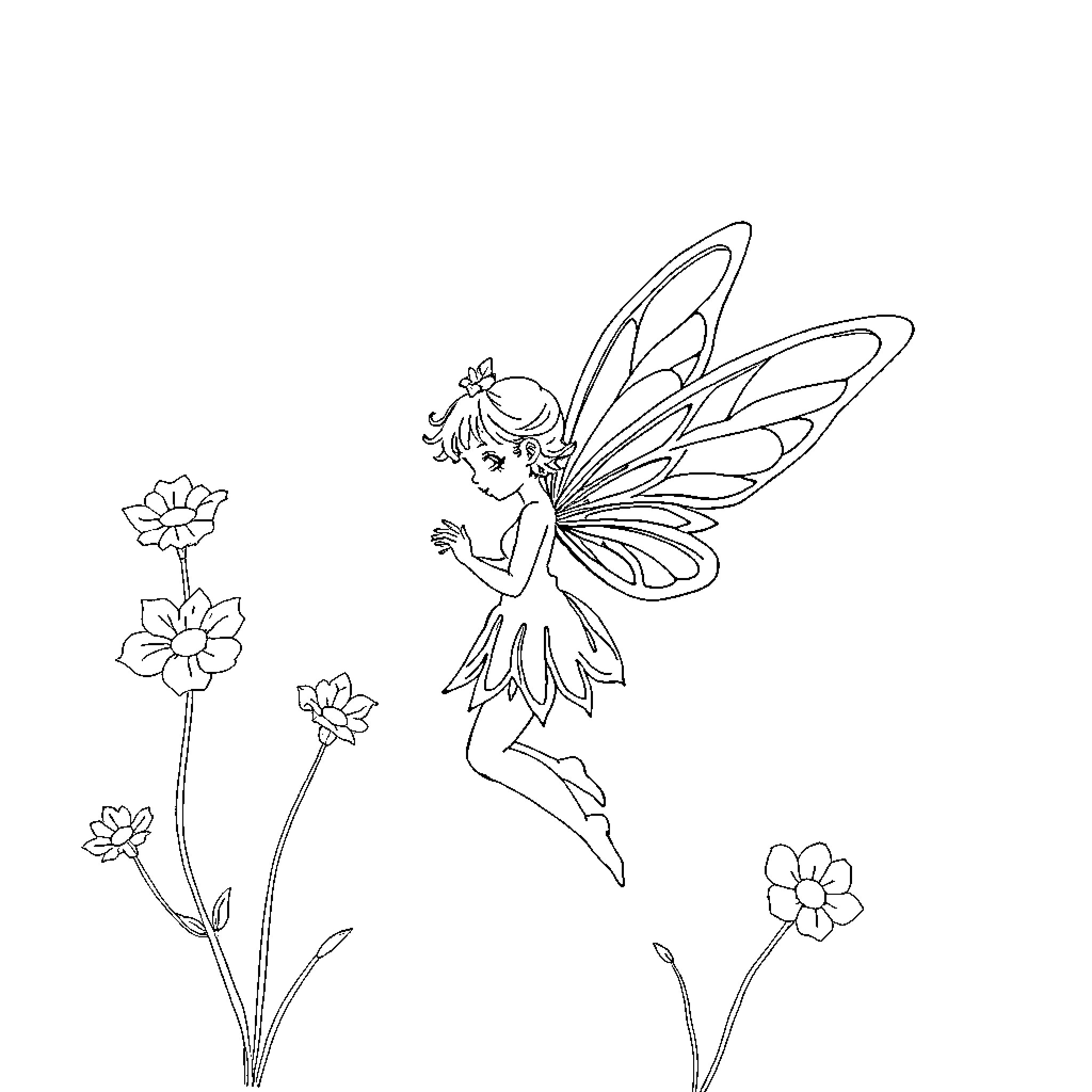 Fairy dancing among flowers Coloring Page (free black-and-white line drawing printable PDF for all, from beginners to advanced learners, including children, teens, adults, and seniors)