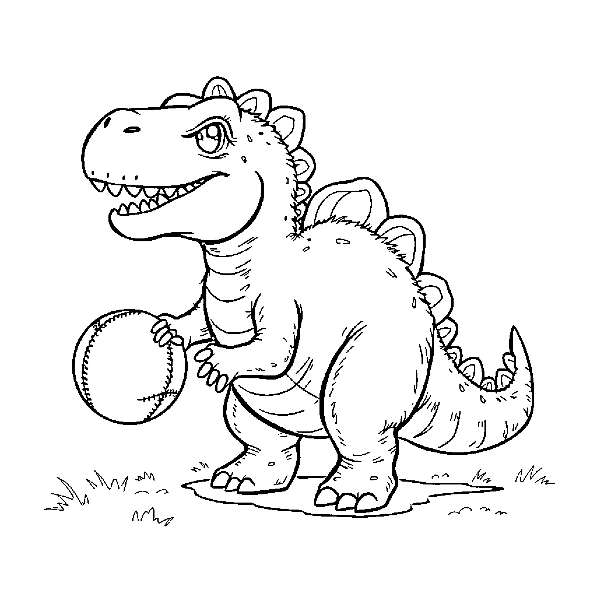 Dinosaur playing with baseball on field Coloring Page (free black-and-white line drawing printable PDF for all, from beginners to advanced learners, including children, teens, adults, and seniors)
