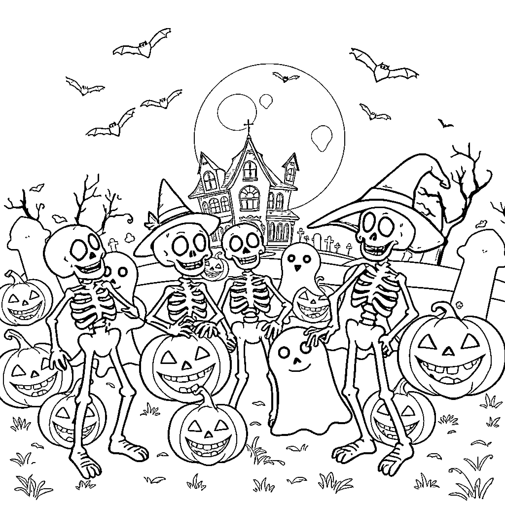 Skeleton Figures Celebrate Halloween Night Coloring Page (free black-and-white line drawing printable PDF for all, from beginners to advanced learners, including children, teens, adults, and seniors)