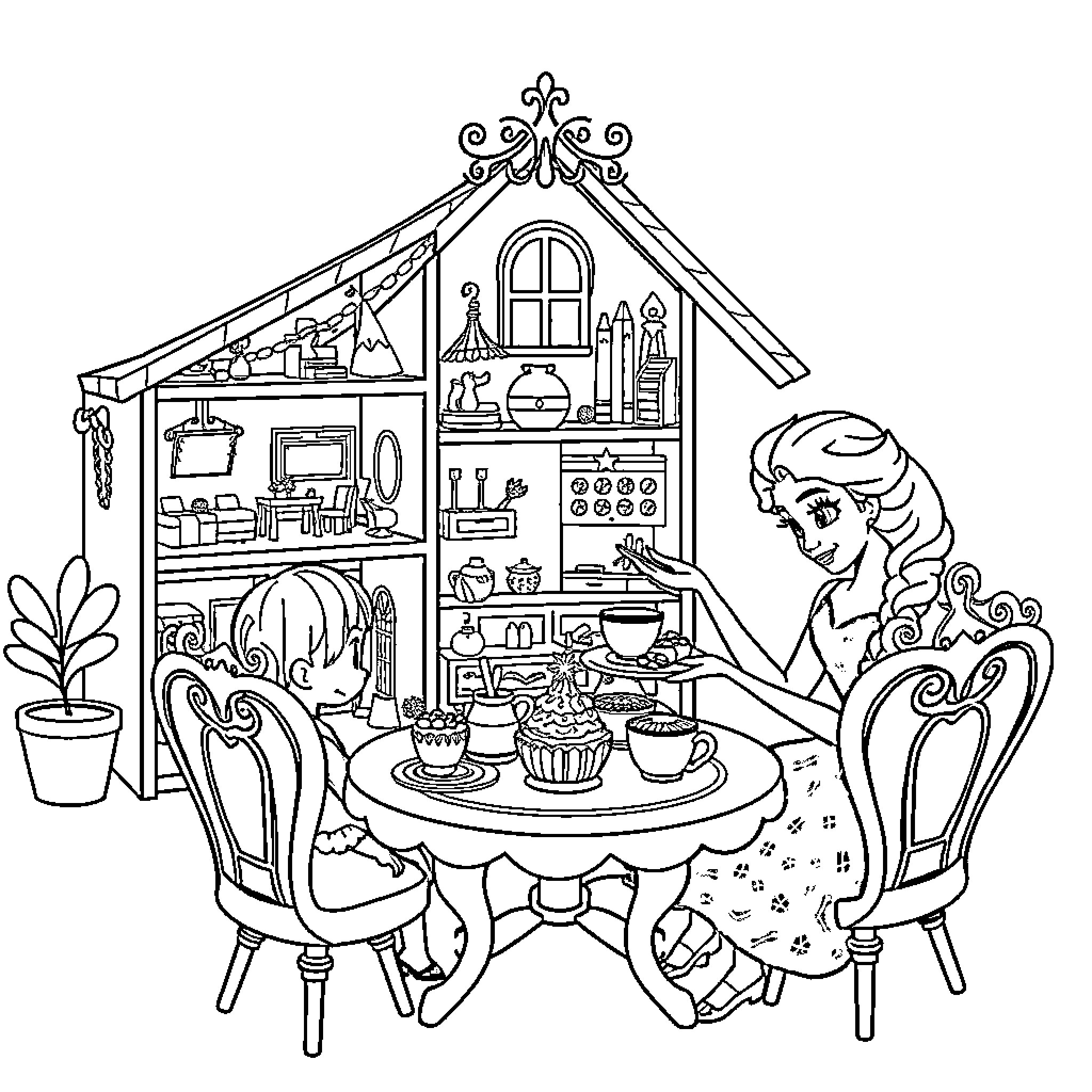 Dollhouse with Elegant Furnishings and Cozy Interior Coloring Page (free black-and-white line drawing printable PDF for all, from beginners to advanced learners, including children, teens, adults, and seniors)