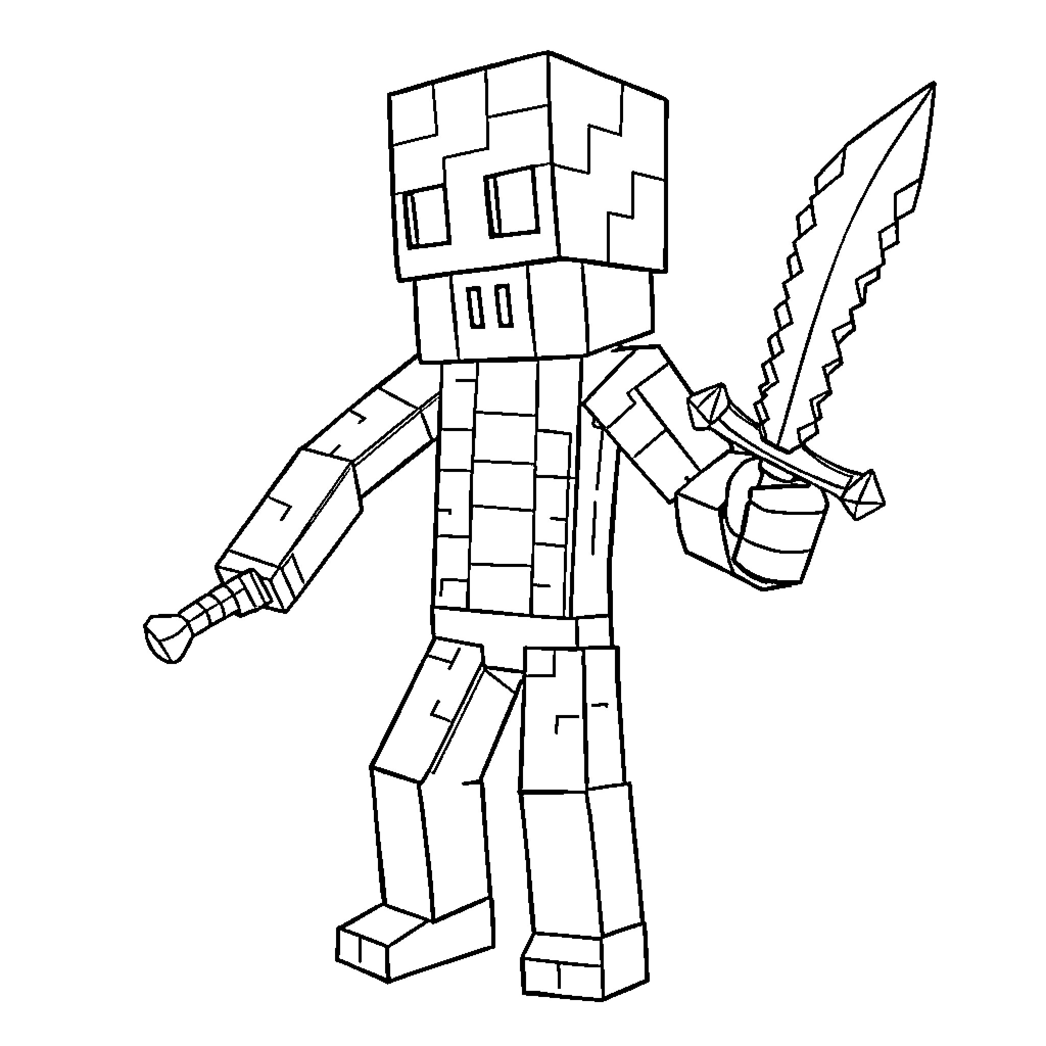 Enderman wielding a sword in combat Coloring Page (free black-and-white line drawing printable PDF for all, from beginners to advanced learners, including children, teens, adults, and seniors)