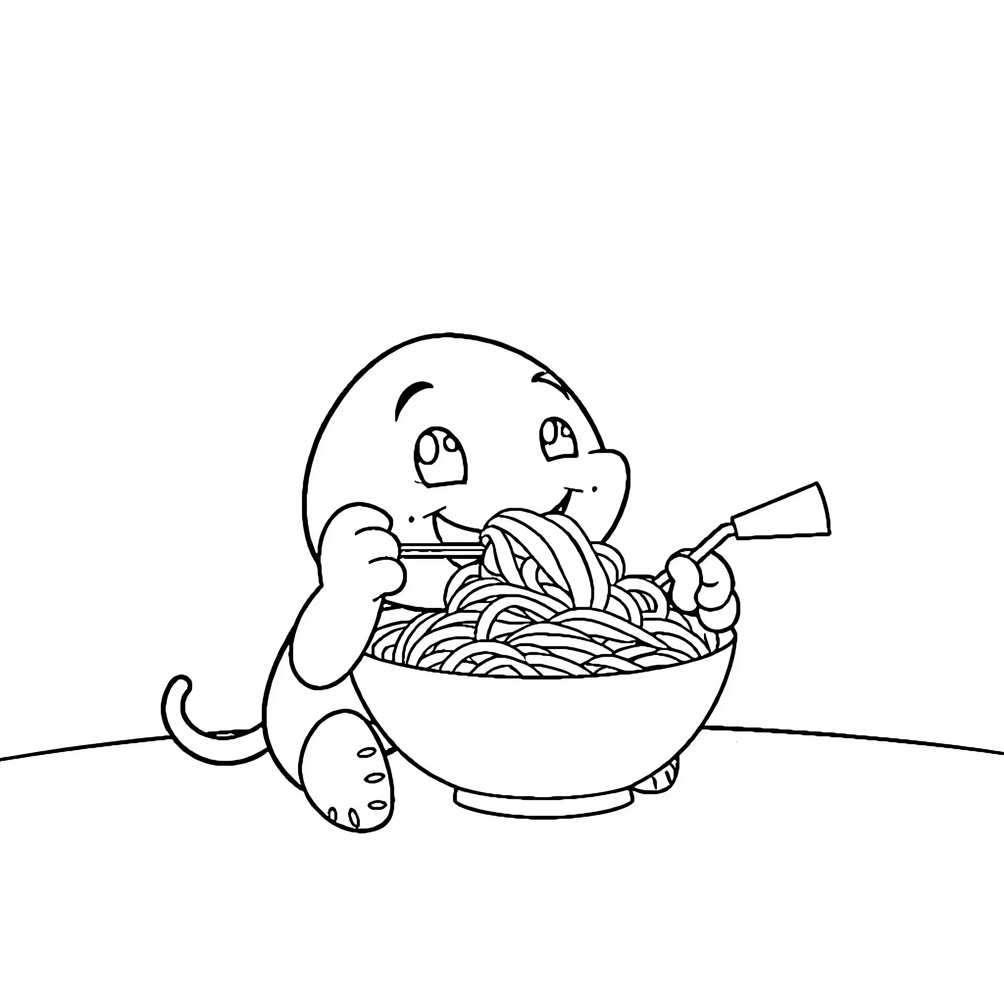 Qbert enjoying a bowl of pasta Coloring Page (free black-and-white line drawing printable PDF for all, from beginners to advanced learners, including children, teens, adults, and seniors)