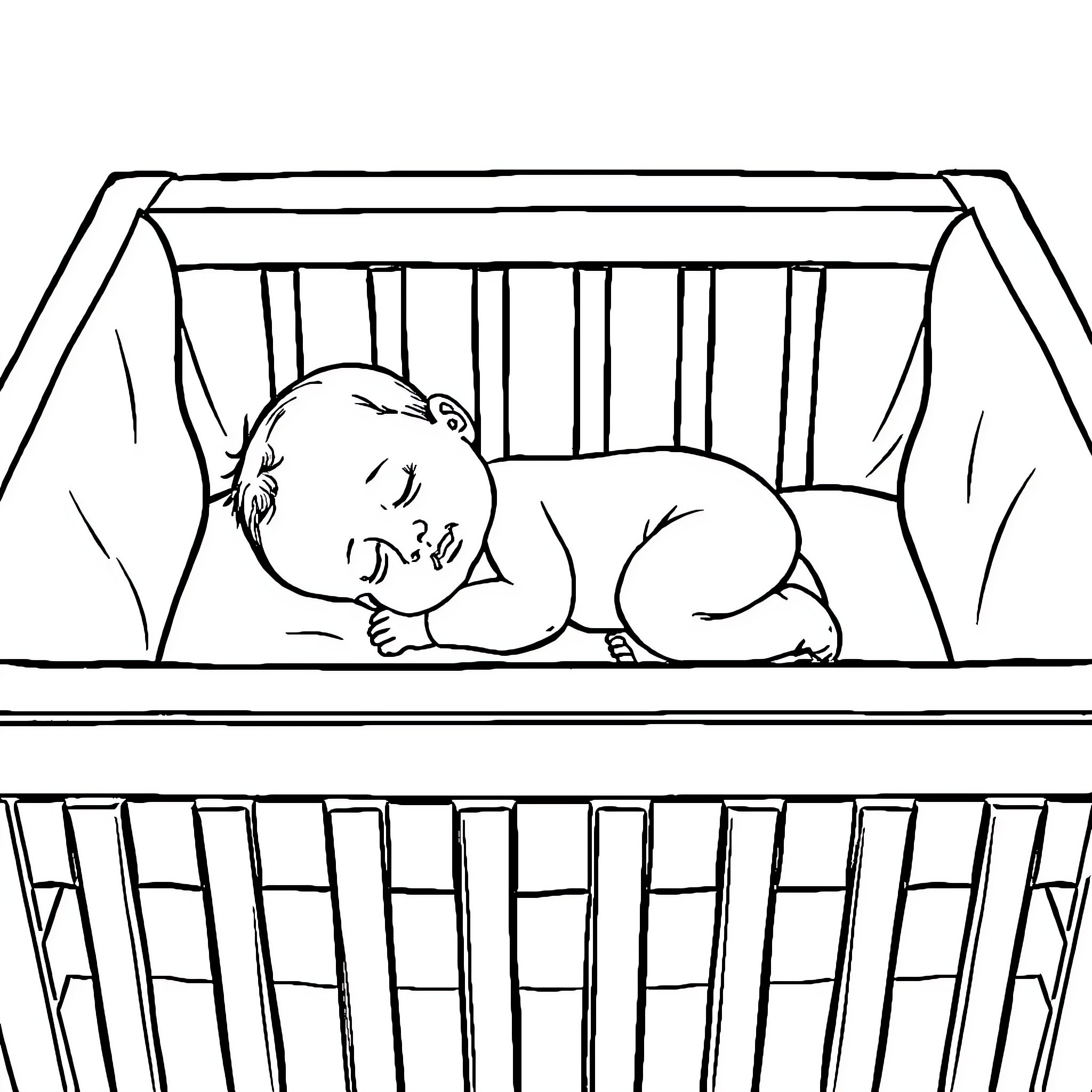 Baby sleeping peacefully in crib Coloring Page (free black-and-white line drawing printable PDF for all, from beginners to advanced learners, including children, teens, adults, and seniors)