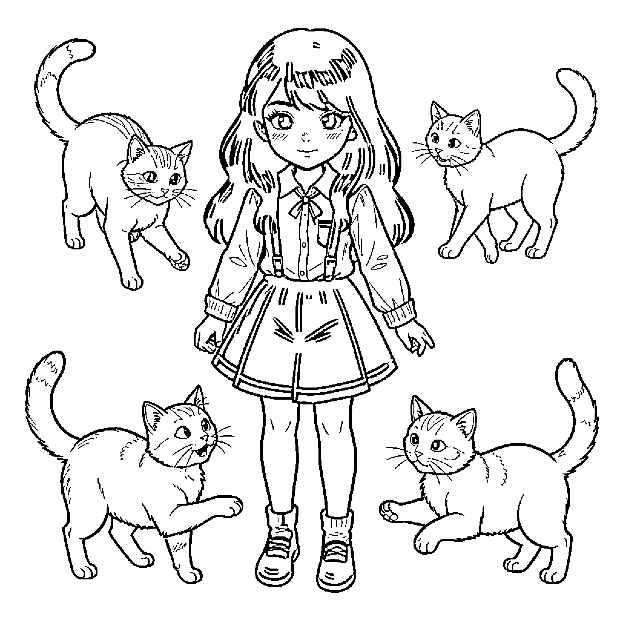 Girl in cute outfit surrounded by playful kittens Coloring Page (free black-and-white line drawing printable PDF for all, from beginners to advanced learners, including children, teens, adults, and seniors)