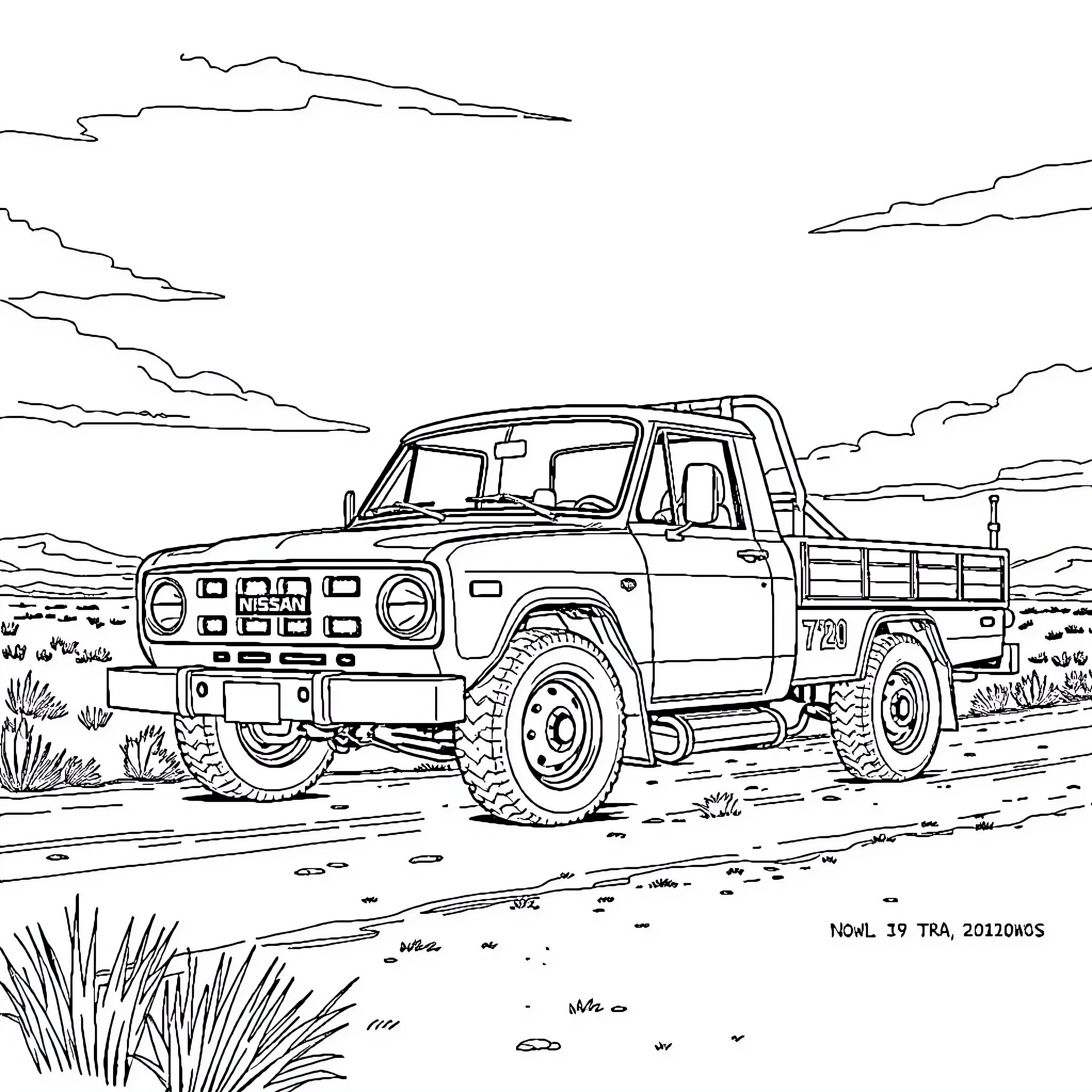 Nissan 720 off-road truck on rugged terrain Coloring Page (free black-and-white line drawing printable PDF for all, from beginners to advanced learners, including children, teens, adults, and seniors)