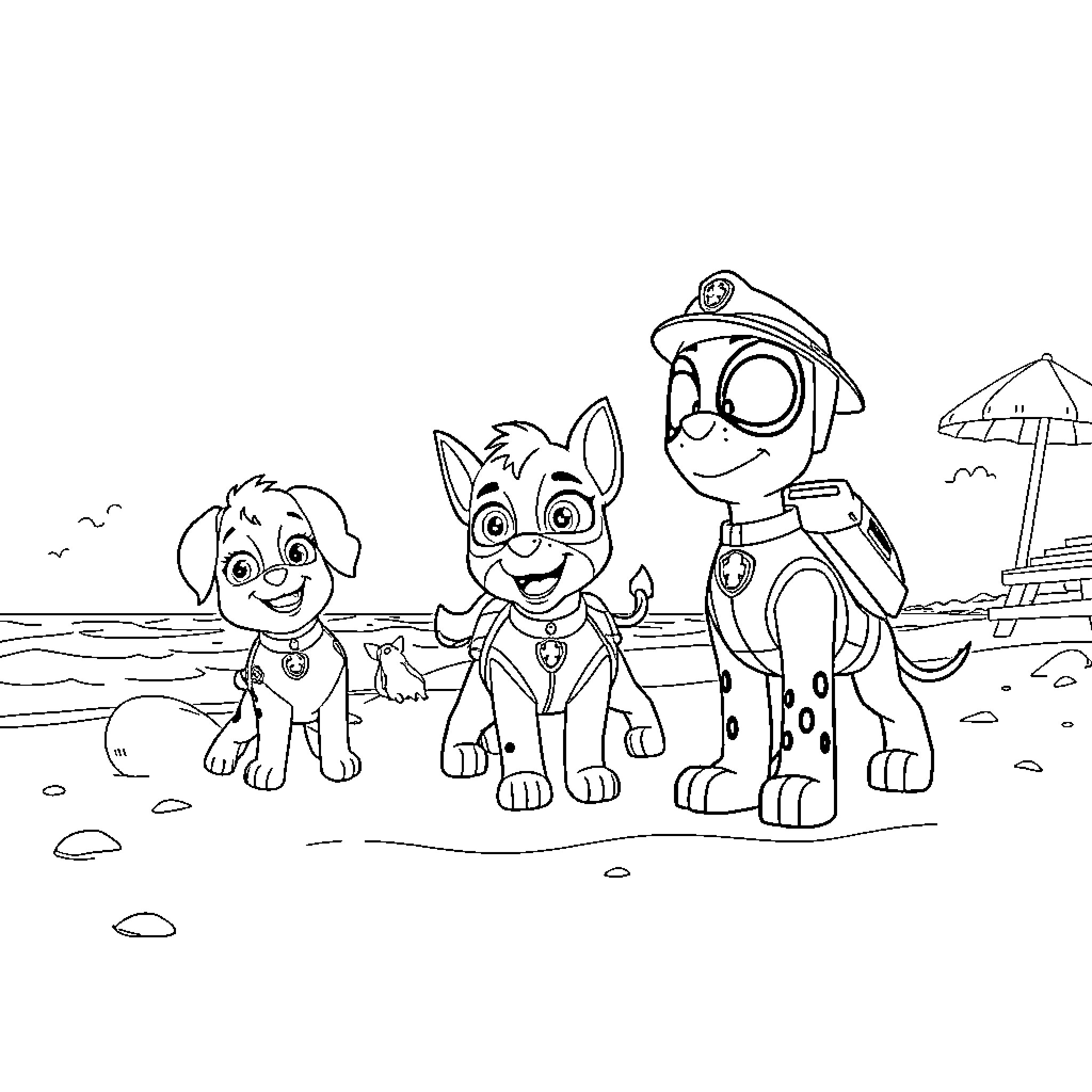 Spidey and Paw Patrol puppies on the beach Coloring Page (free black-and-white line drawing printable PDF for all, from beginners to advanced learners, including children, teens, adults, and seniors)