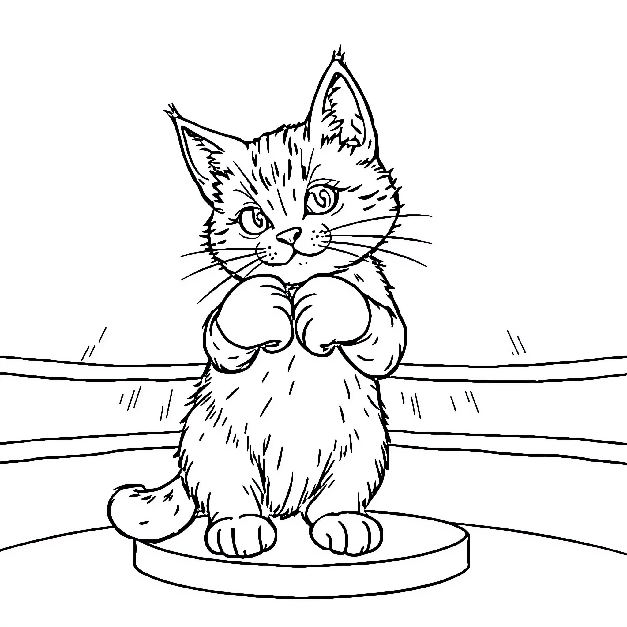 Cat curious on a platform Coloring Page (free black-and-white line drawing printable PDF for all, from beginners to advanced learners, including children, teens, adults, and seniors)
