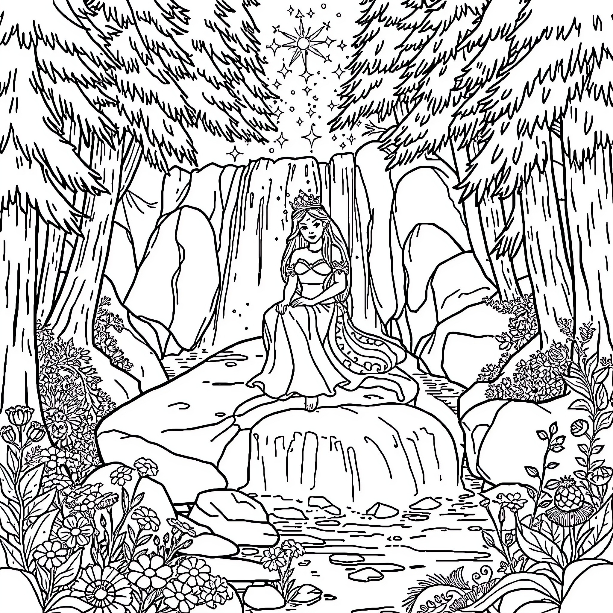 Princess sitting peacefully in enchanted forest Coloring Page (free black-and-white line drawing printable PDF for all, from beginners to advanced learners, including children, teens, adults, and seniors)
