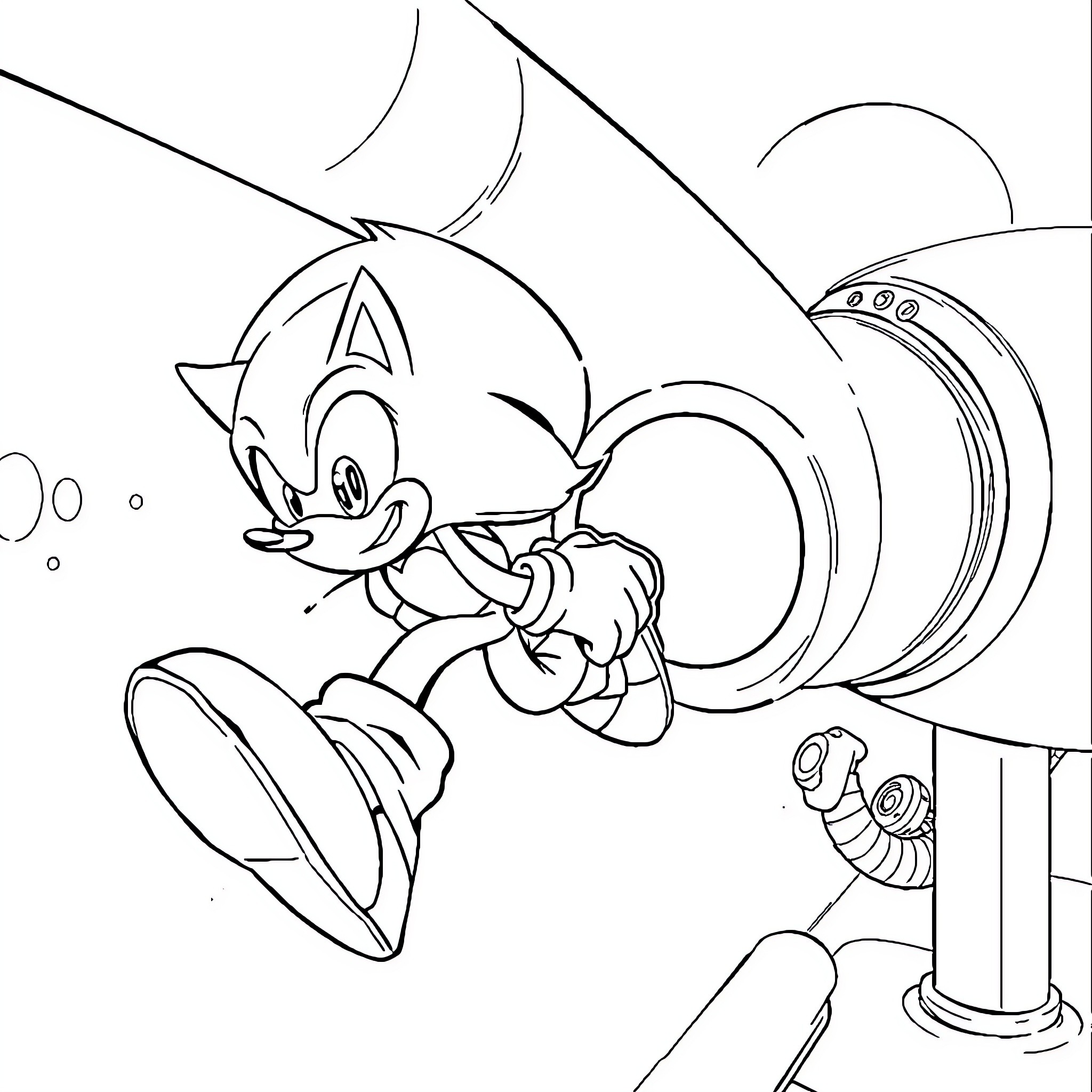 Sonic speeding through a futuristic landscape Coloring Page (free black-and-white line drawing printable PDF for all, from beginners to advanced learners, including children, teens, adults, and seniors)