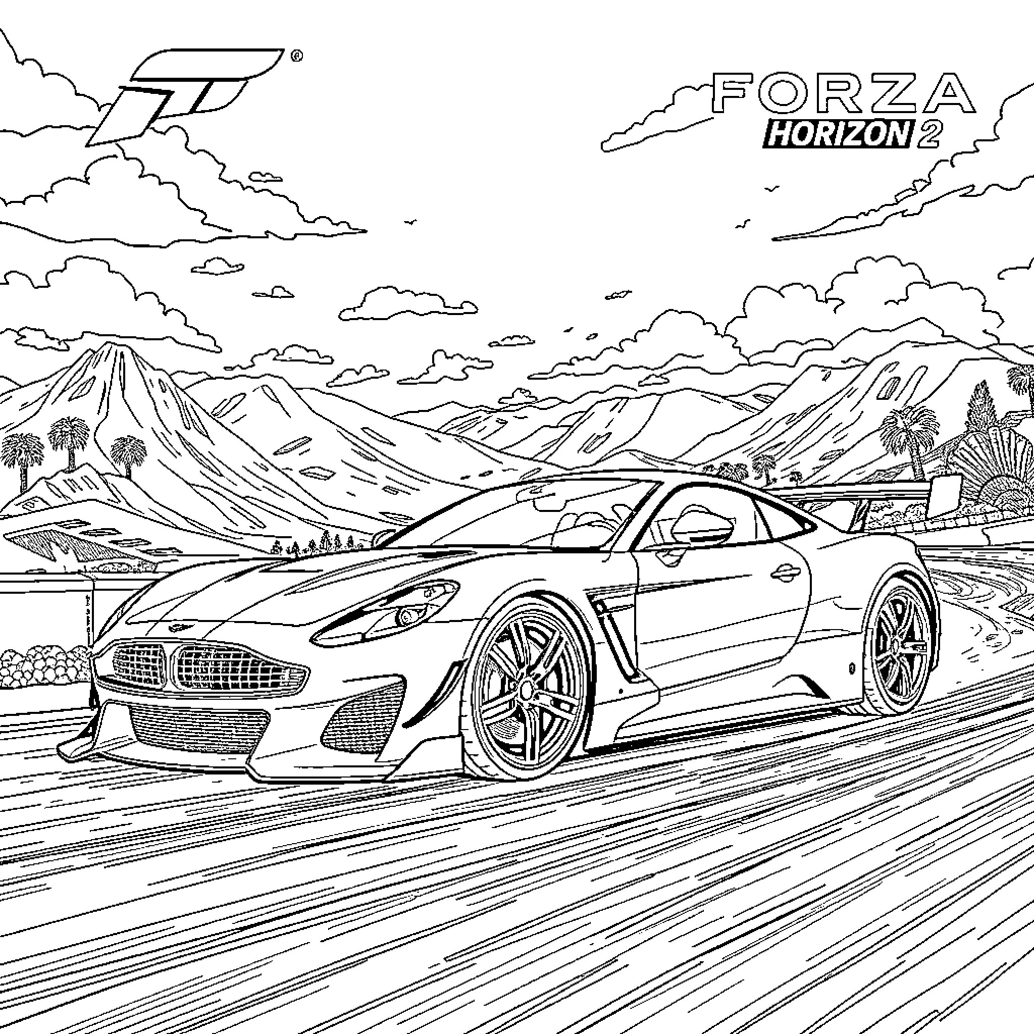 Forza Horizon 2 - High-powered sports car racing in scenic mountain landscape Coloring Page (free black-and-white line drawing printable PDF for all, from beginners to advanced learners, including children, teens, adults, and seniors)