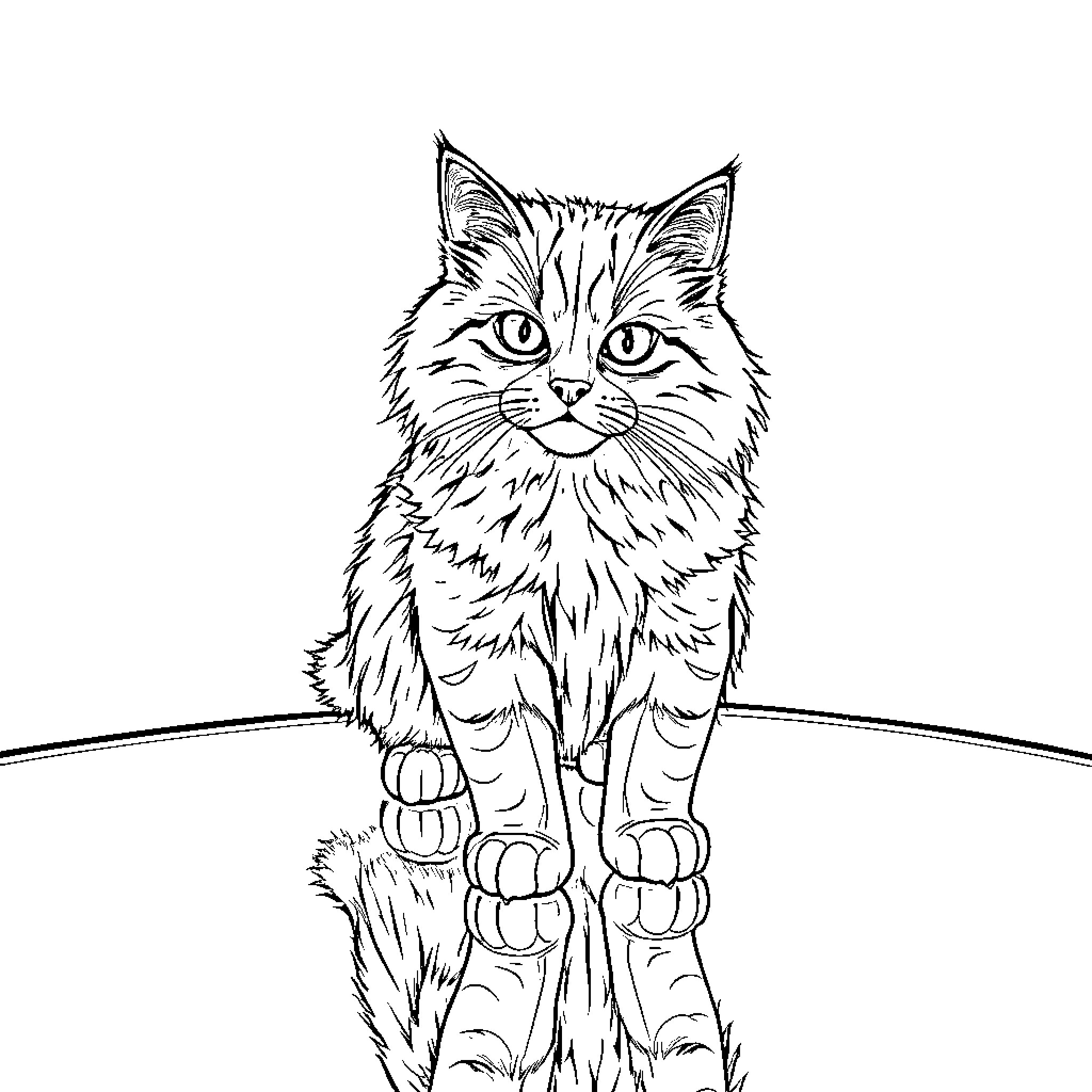 Cat sitting on a bench with paws visible Coloring Page (free black-and-white line drawing printable PDF for all, from beginners to advanced learners, including children, teens, adults, and seniors)