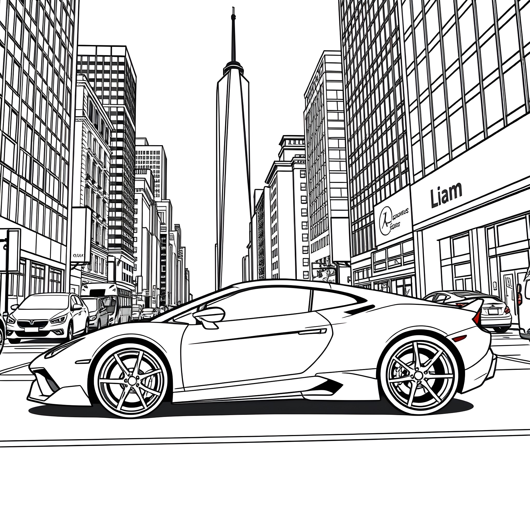 Car speeding through the city streets Coloring Page (free black-and-white line drawing printable PDF for all, from beginners to advanced learners, including children, teens, adults, and seniors)