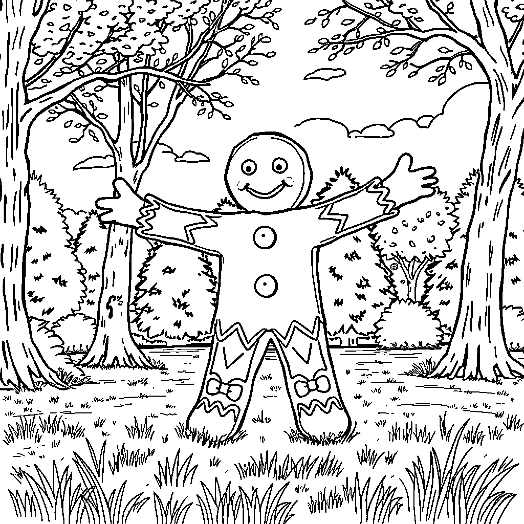 Gingerbread Man dancing joyfully in the forest Coloring Page (free black-and-white line drawing printable PDF for all, from beginners to advanced learners, including children, teens, adults, and seniors)