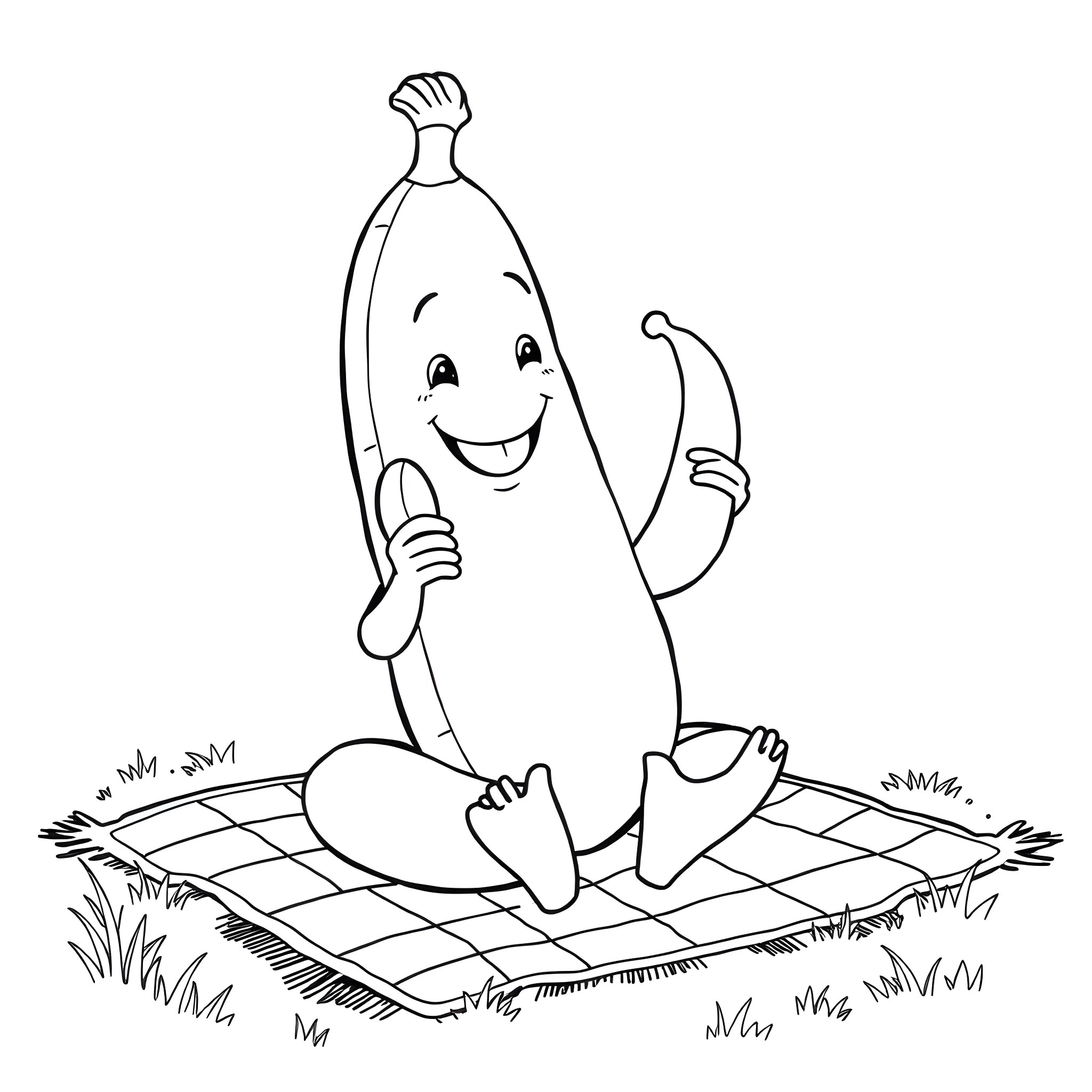 Banana enjoying a picnic on the grass Coloring Page (free black-and-white line drawing printable PDF for all, from beginners to advanced learners, including children, teens, adults, and seniors)