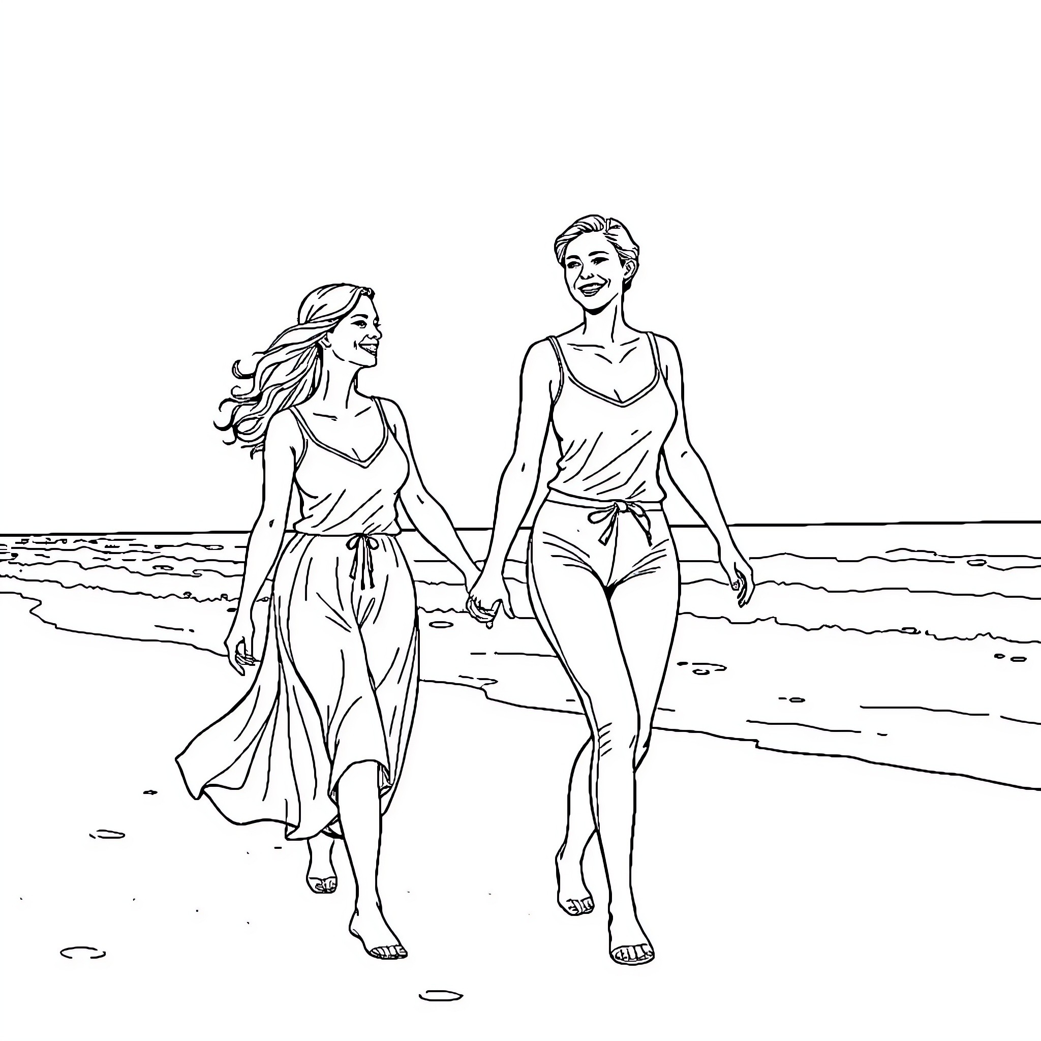 Women enjoying a leisurely beach walk Coloring Page (free black-and-white line drawing printable PDF for all, from beginners to advanced learners, including children, teens, adults, and seniors)