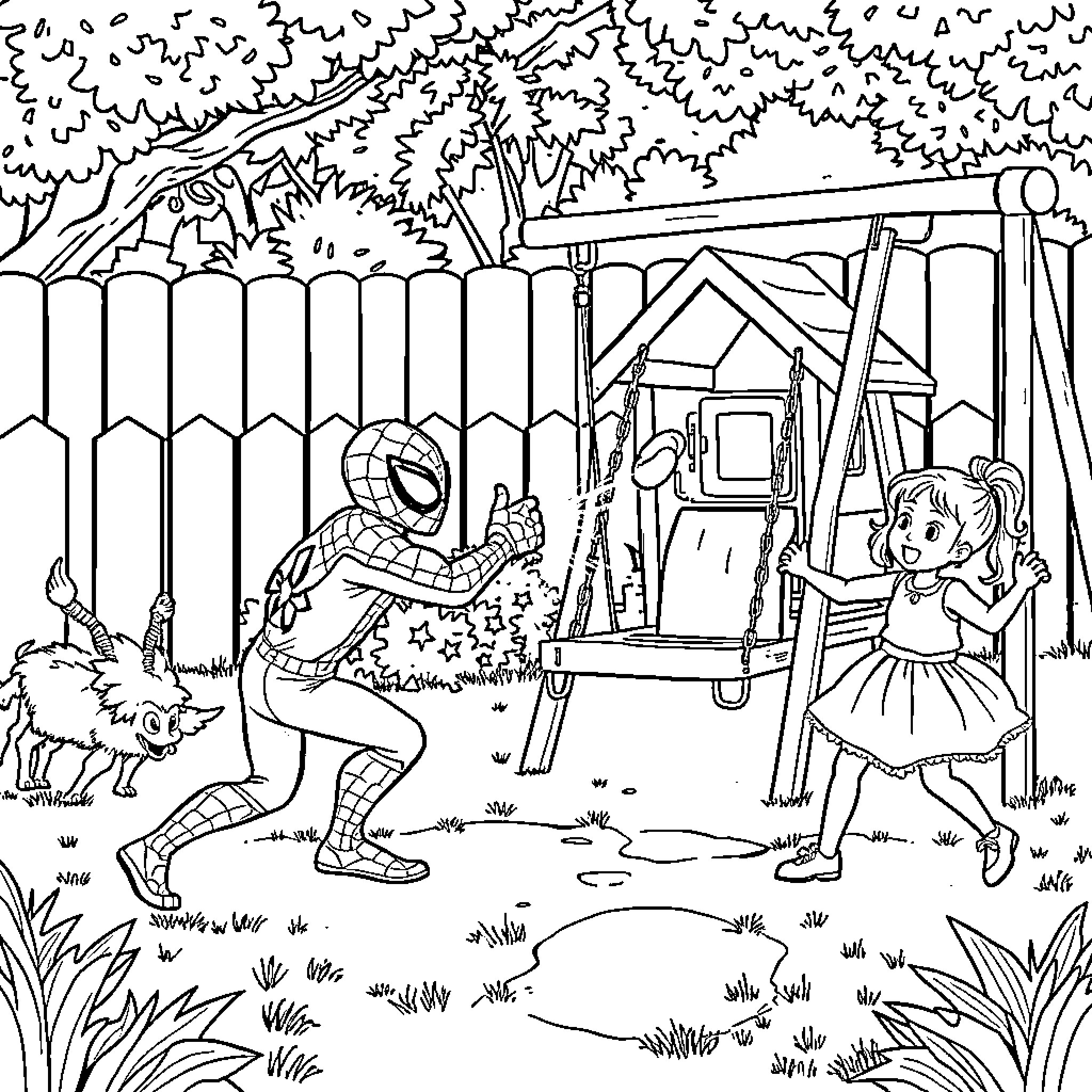 Spider-Man surprising a young girl in the backyard Coloring Page (free black-and-white line drawing printable PDF for all, from beginners to advanced learners, including children, teens, adults, and seniors)