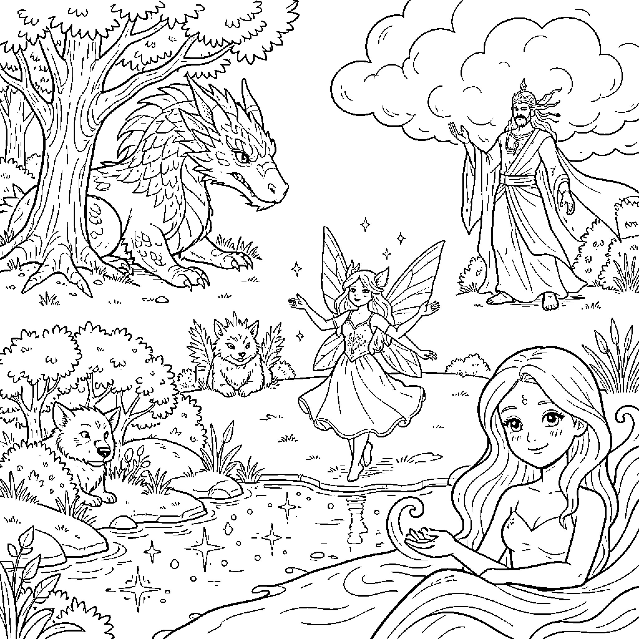 Mythical Creatures in Enchanted Forest Scene Coloring Page (free black-and-white line drawing printable PDF for all, from beginners to advanced learners, including children, teens, adults, and seniors)