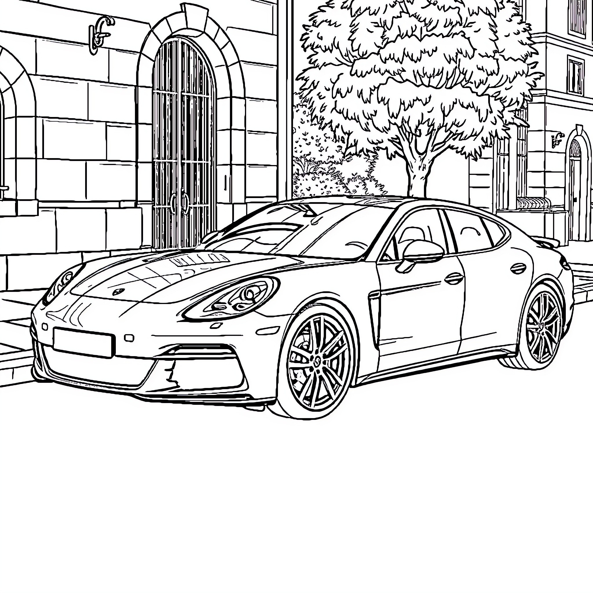 Porsche sports car parked in a city street Coloring Page (free black-and-white line drawing printable PDF for all, from beginners to advanced learners, including children, teens, adults, and seniors)