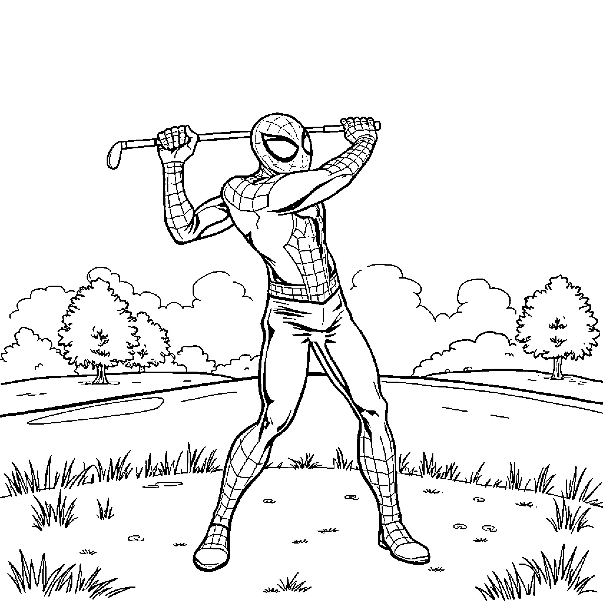 Spiderman swinging into action in the park Coloring Page (free black-and-white line drawing printable PDF for all, from beginners to advanced learners, including children, teens, adults, and seniors)