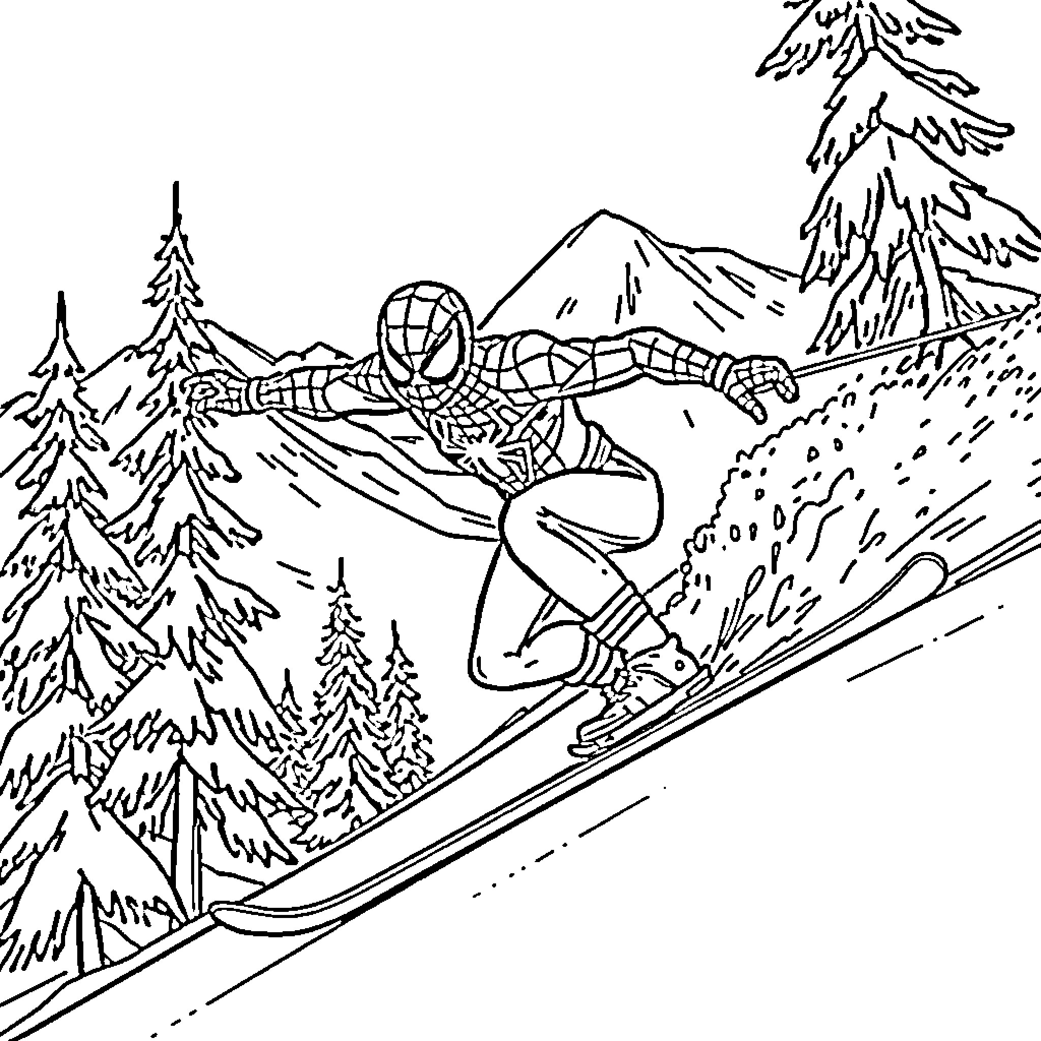 Spider-Man skiing down a snowy mountain Coloring Page (free black-and-white line drawing printable PDF for all, from beginners to advanced learners, including children, teens, adults, and seniors)