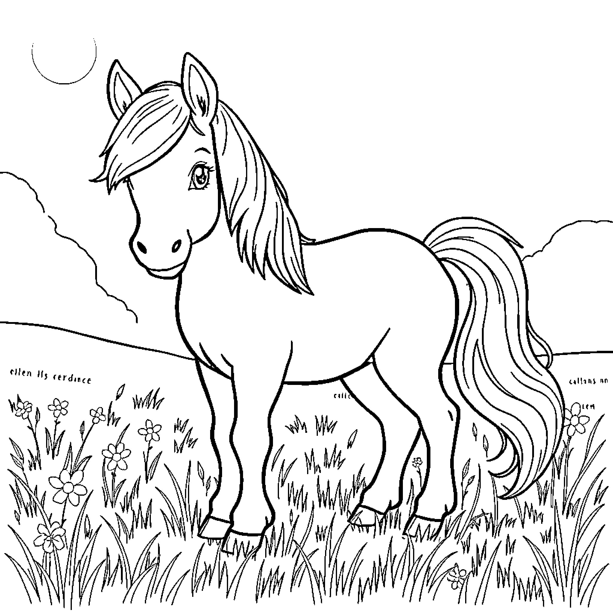 Pony grazing peacefully in a grassy field Coloring Page (free black-and-white line drawing printable PDF for all, from beginners to advanced learners, including children, teens, adults, and seniors)
