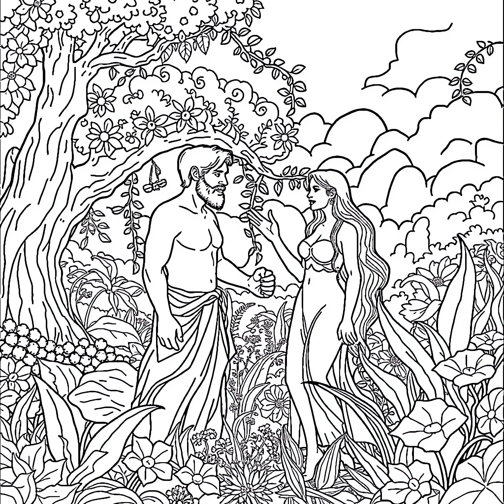 Adam and Eve in the Garden of Eden Coloring Page (free black-and-white line drawing printable PDF for all, from beginners to advanced learners, including children, teens, adults, and seniors)