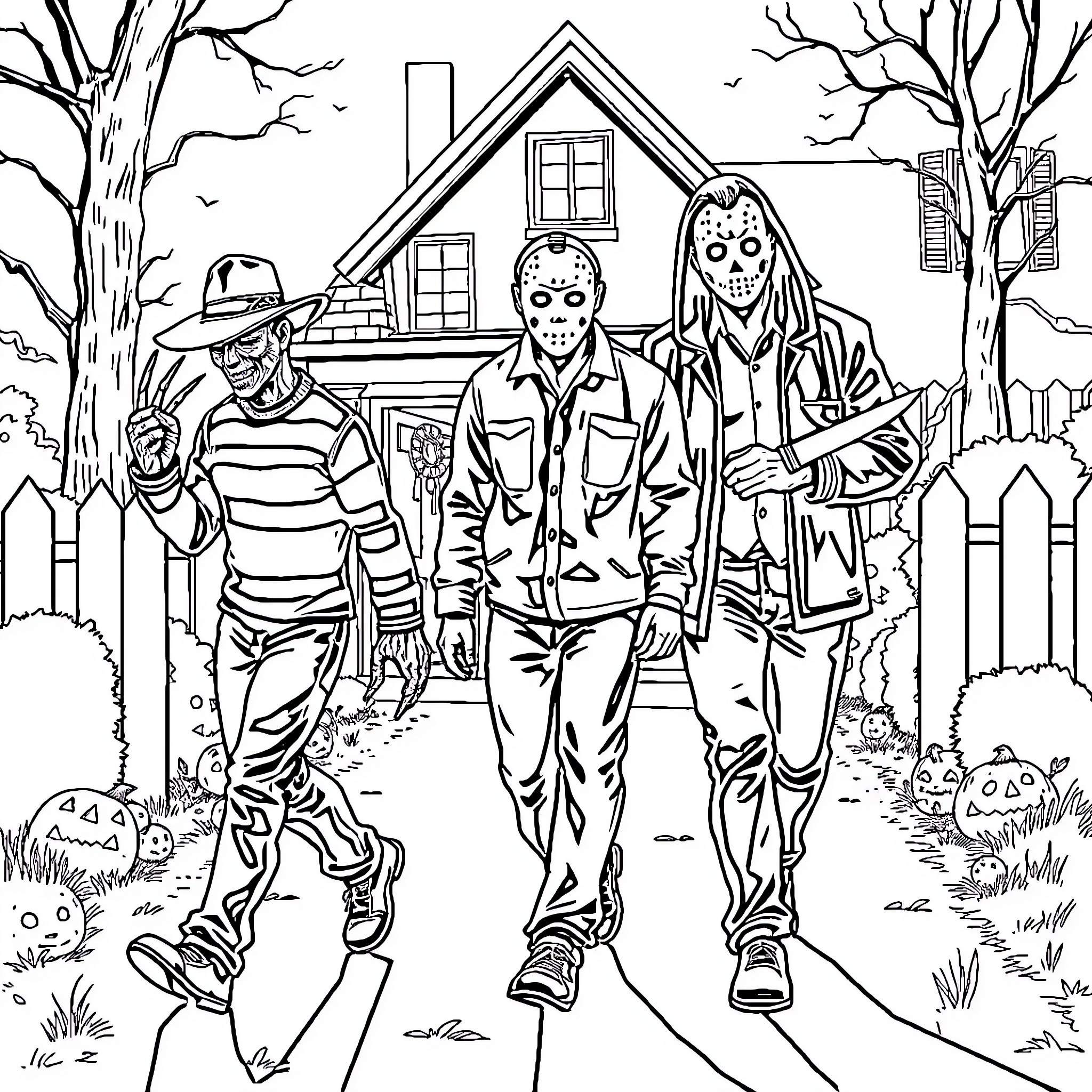 Horror Characters in a Spooky Neighborhood Coloring Page (free black-and-white line drawing printable PDF for all, from beginners to advanced learners, including children, teens, adults, and seniors)