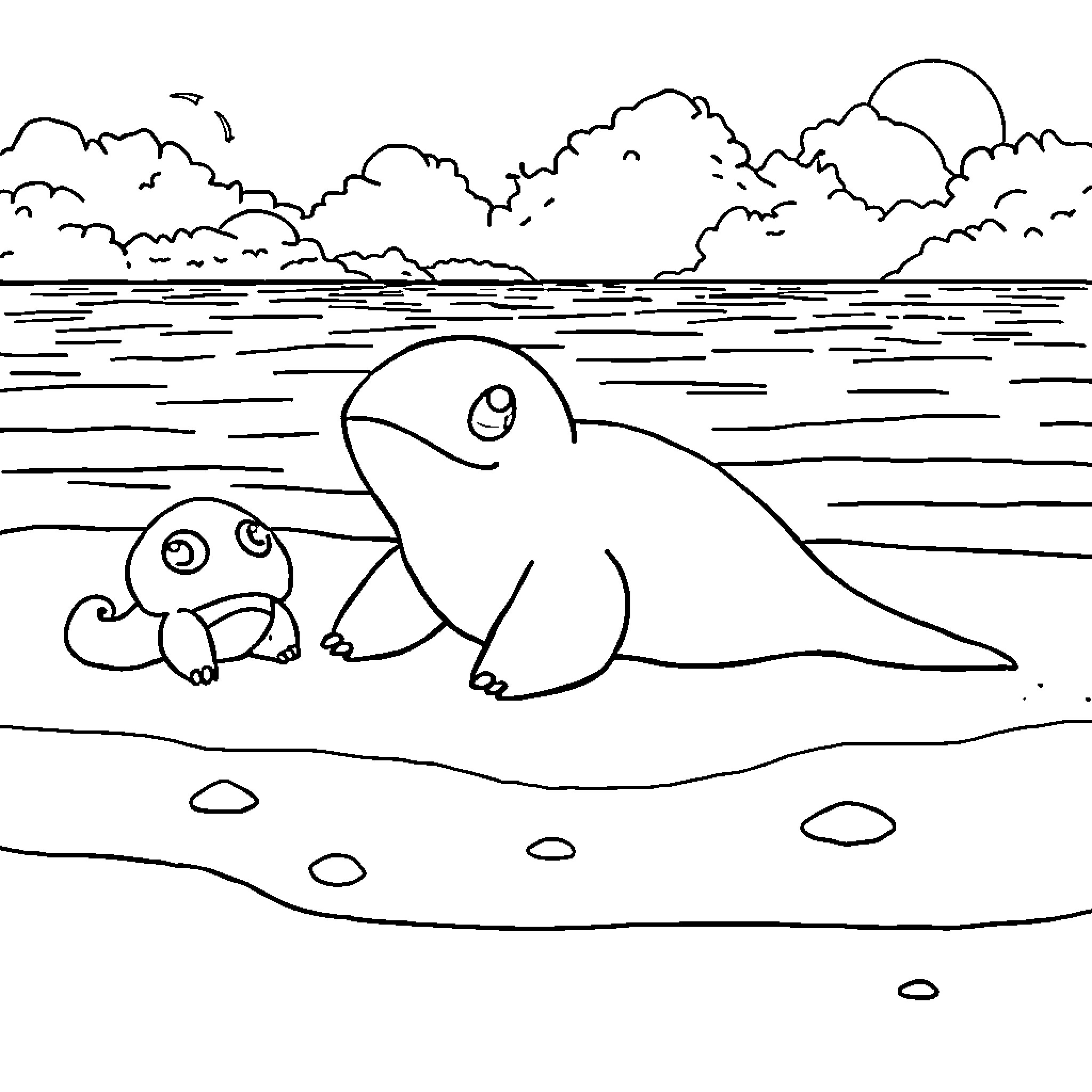 Slowpoke creatures exploring the beach together Coloring Page (free black-and-white line drawing printable PDF for all, from beginners to advanced learners, including children, teens, adults, and seniors)