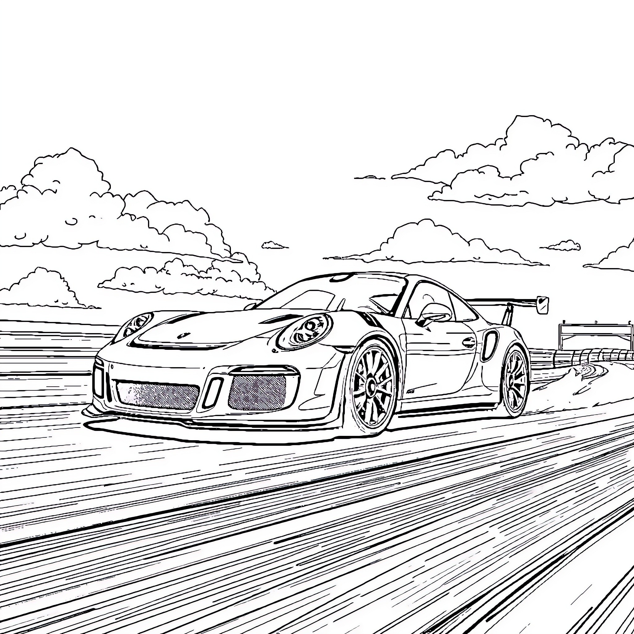 Porsche sports car speeding on racetrack Coloring Page (free black-and-white line drawing printable PDF for all, from beginners to advanced learners, including children, teens, adults, and seniors)