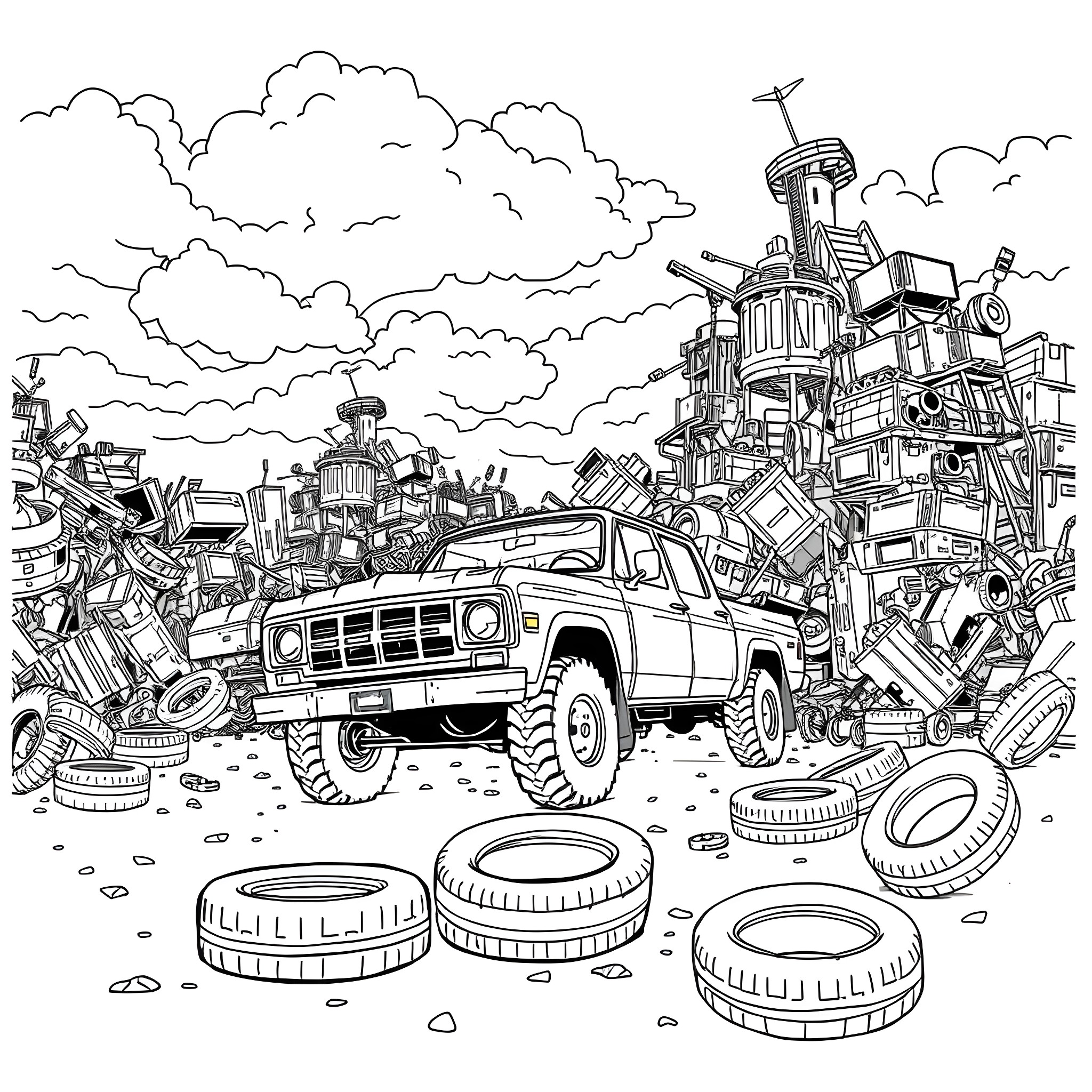 Pick Up Truck among Piles of Scrap in Junkyard Coloring Page (free black-and-white line drawing printable PDF for all, from beginners to advanced learners, including children, teens, adults, and seniors)