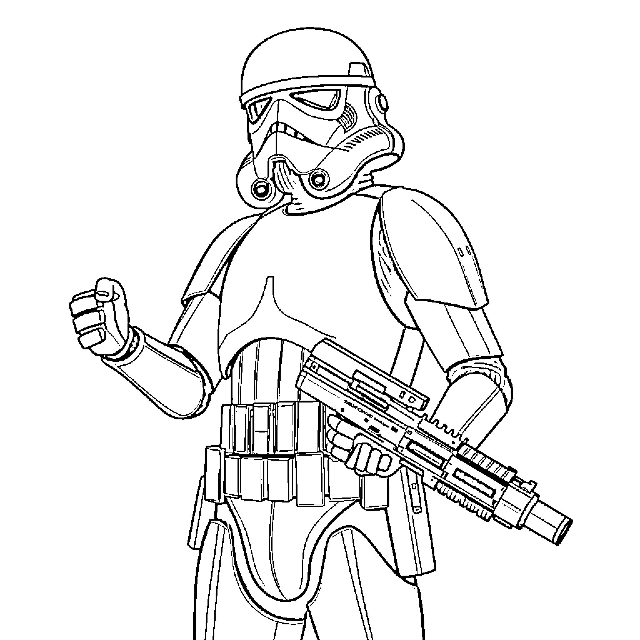 Stormtrooper holding blaster rifle in combat stance Coloring Page (free black-and-white line drawing printable PDF for all, from beginners to advanced learners, including children, teens, adults, and seniors)