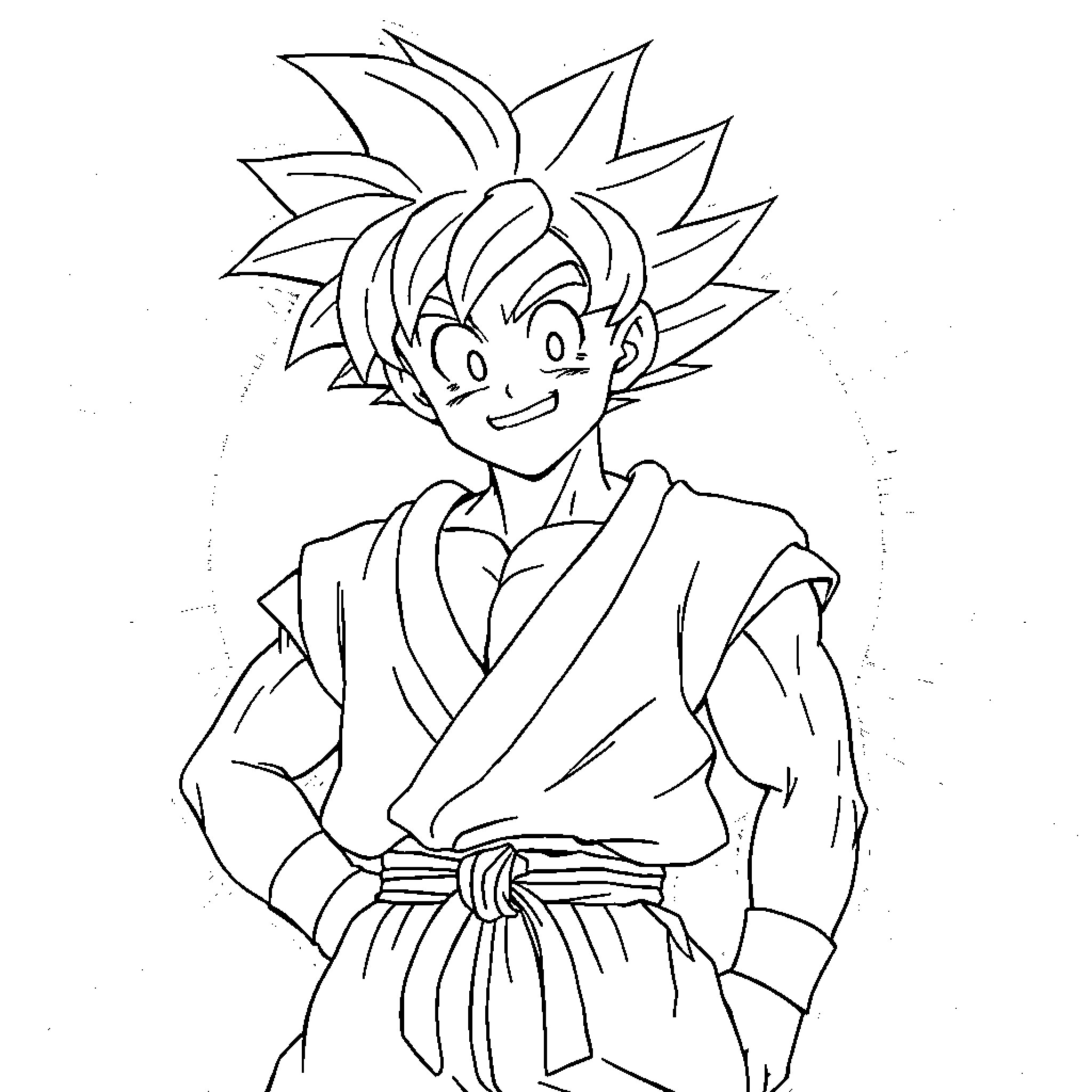 Son Goku in energetic martial arts pose Coloring Page (free black-and-white line drawing printable PDF for all, from beginners to advanced learners, including children, teens, adults, and seniors)