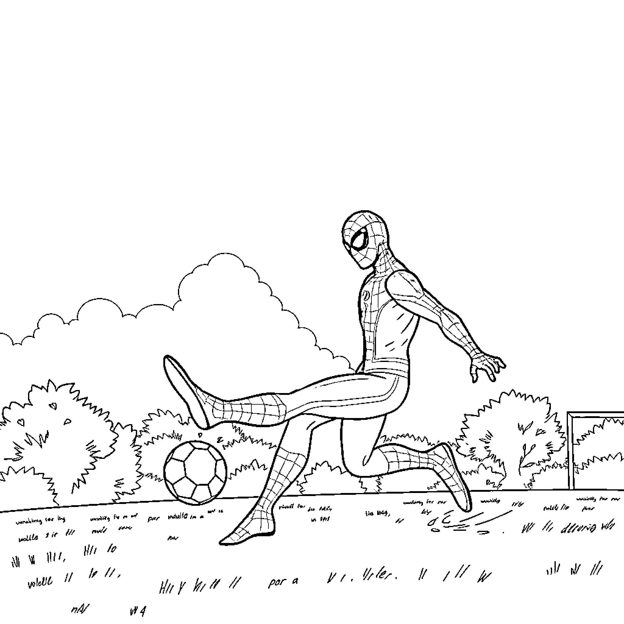 Spiderman kicking a soccer ball in the park Coloring Page (free black-and-white line drawing printable PDF for all, from beginners to advanced learners, including children, teens, adults, and seniors)