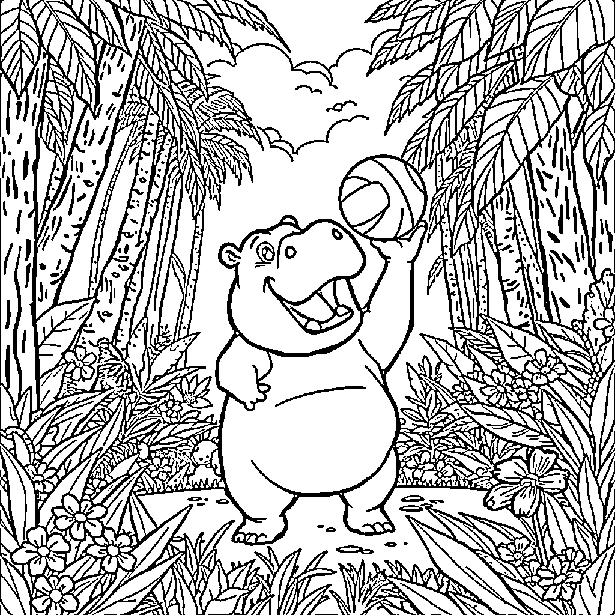 Hippo playing joyfully in the lush tropical jungle Coloring Page (free black-and-white line drawing printable PDF for all, from beginners to advanced learners, including children, teens, adults, and seniors)