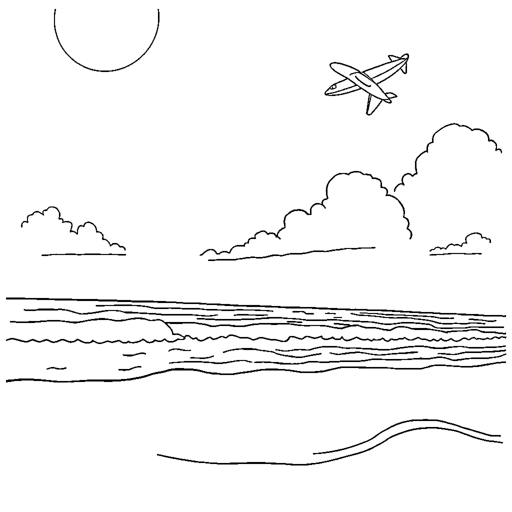 Beach with airplane flying overhead Coloring Page (free black-and-white line drawing printable PDF for all, from beginners to advanced learners, including children, teens, adults, and seniors)