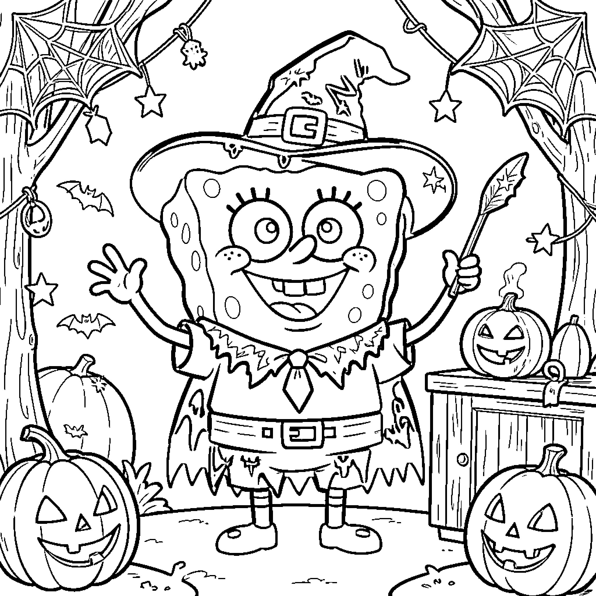Spongebob dressed as a wizard with pumpkins Coloring Page (free black-and-white line drawing printable PDF for all, from beginners to advanced learners, including children, teens, adults, and seniors)