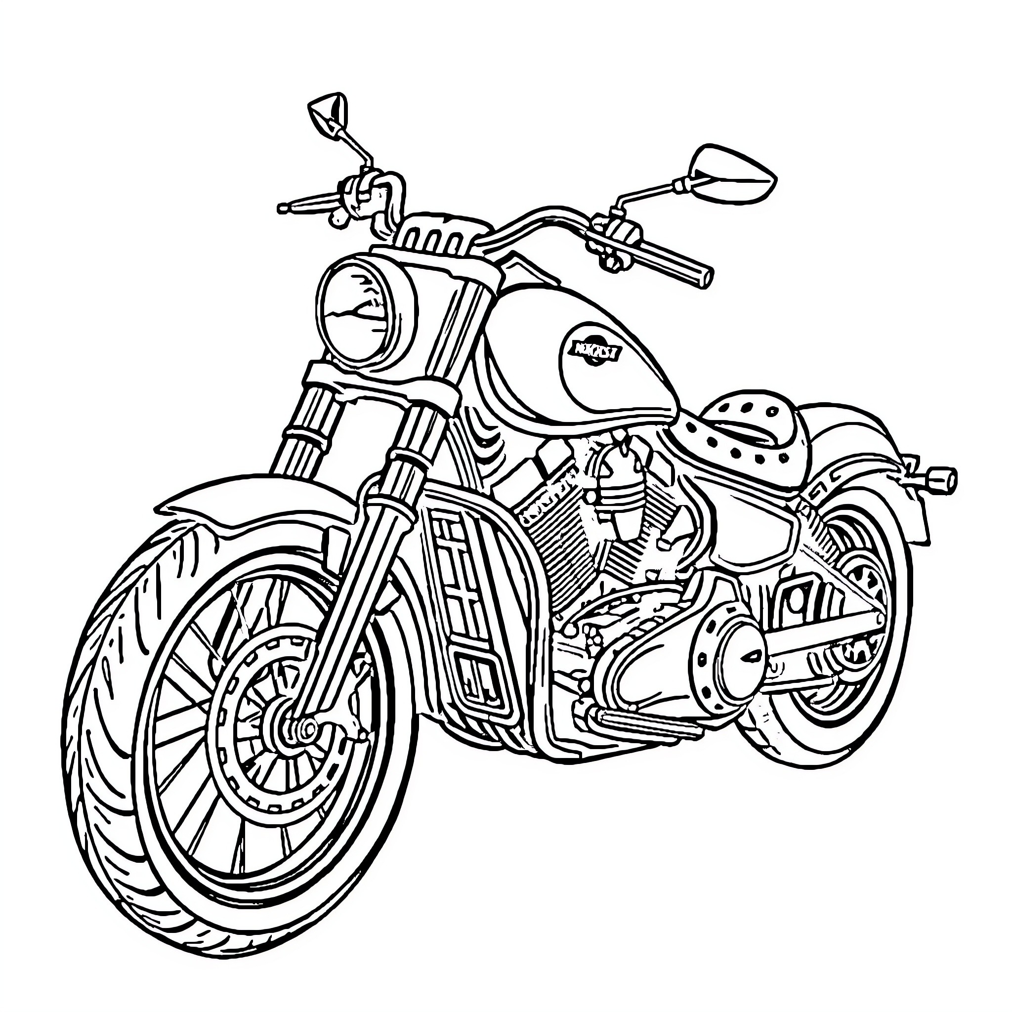 Motorcycle with detailed engine and wheels Coloring Page (free black-and-white line drawing printable PDF for all, from beginners to advanced learners, including children, teens, adults, and seniors)