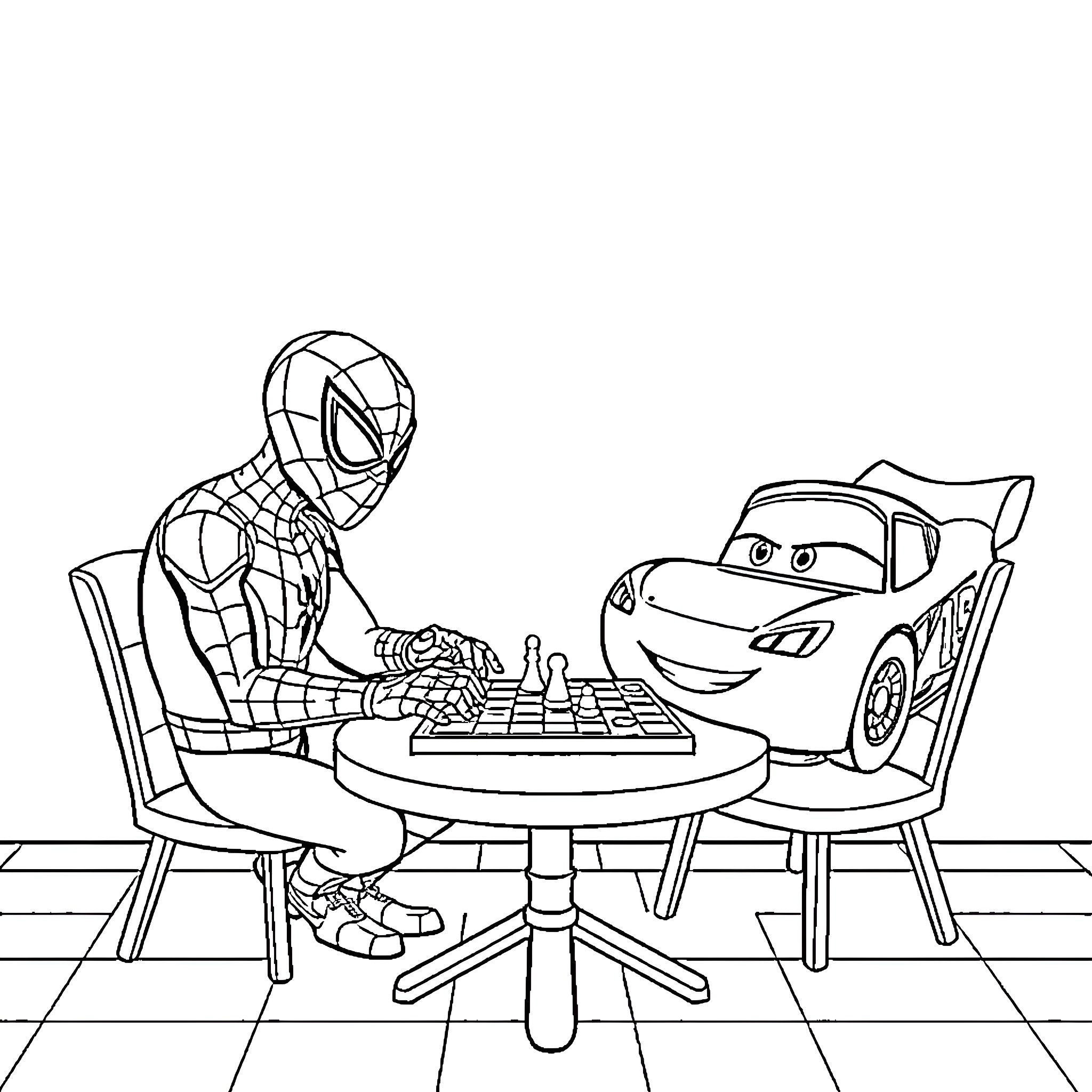 Spiderman and Lightning McQueen playing chess together Coloring Page (free black-and-white line drawing printable PDF for all, from beginners to advanced learners, including children, teens, adults, and seniors)